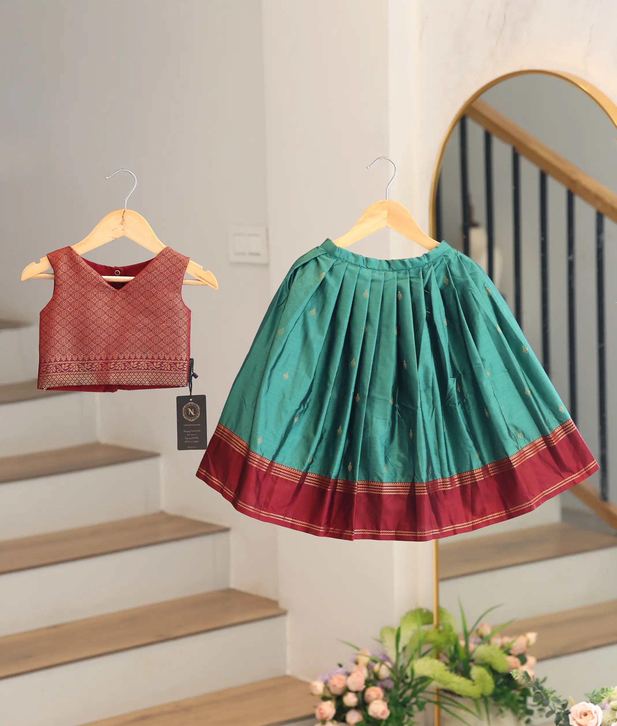 Teal Green and Maroon Kanchipuram Silk Skirt and Top for Baby Girl [6499]