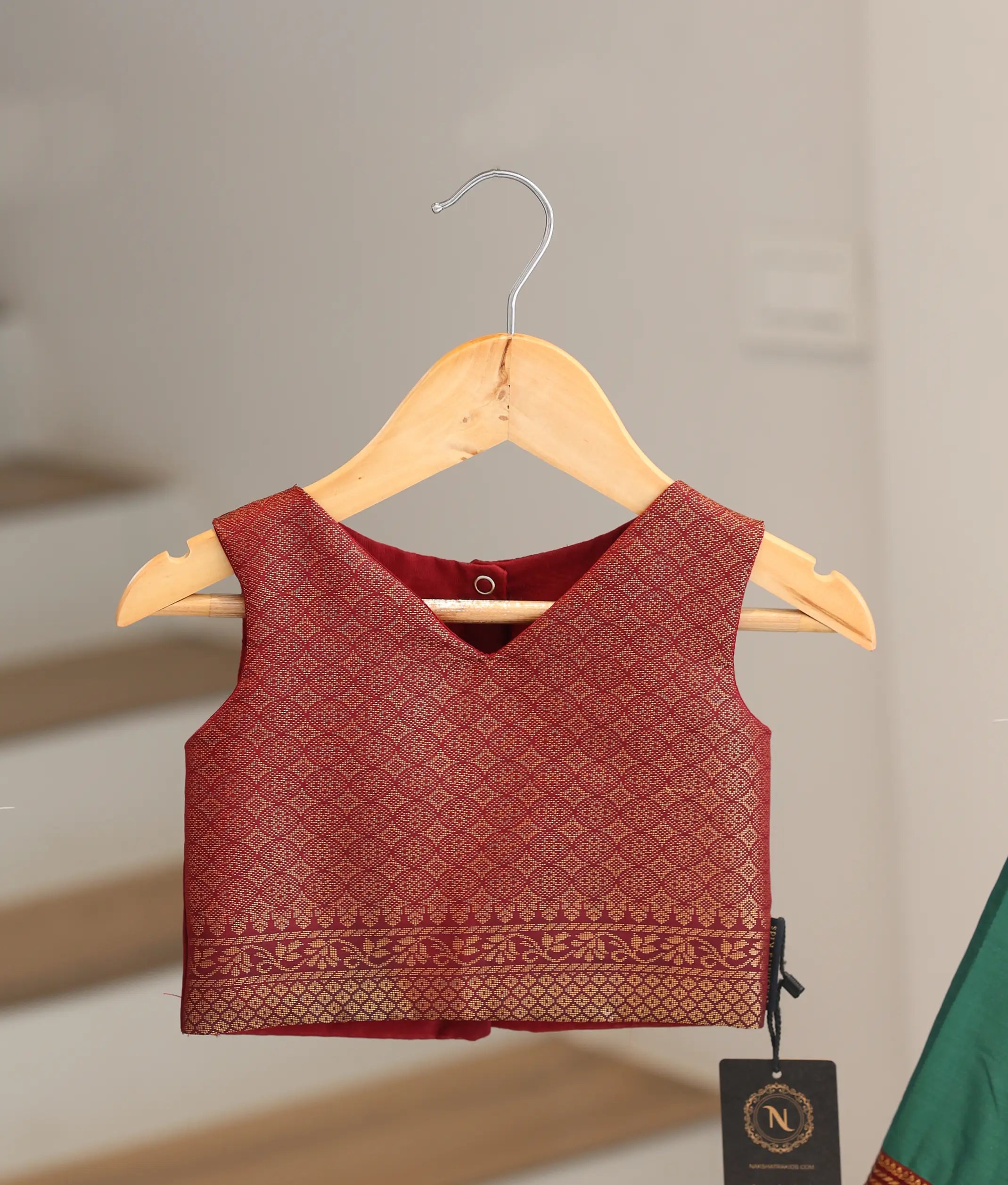 Teal Green and Maroon Kanchipuram Silk Skirt and Top for Baby Girl [6499]