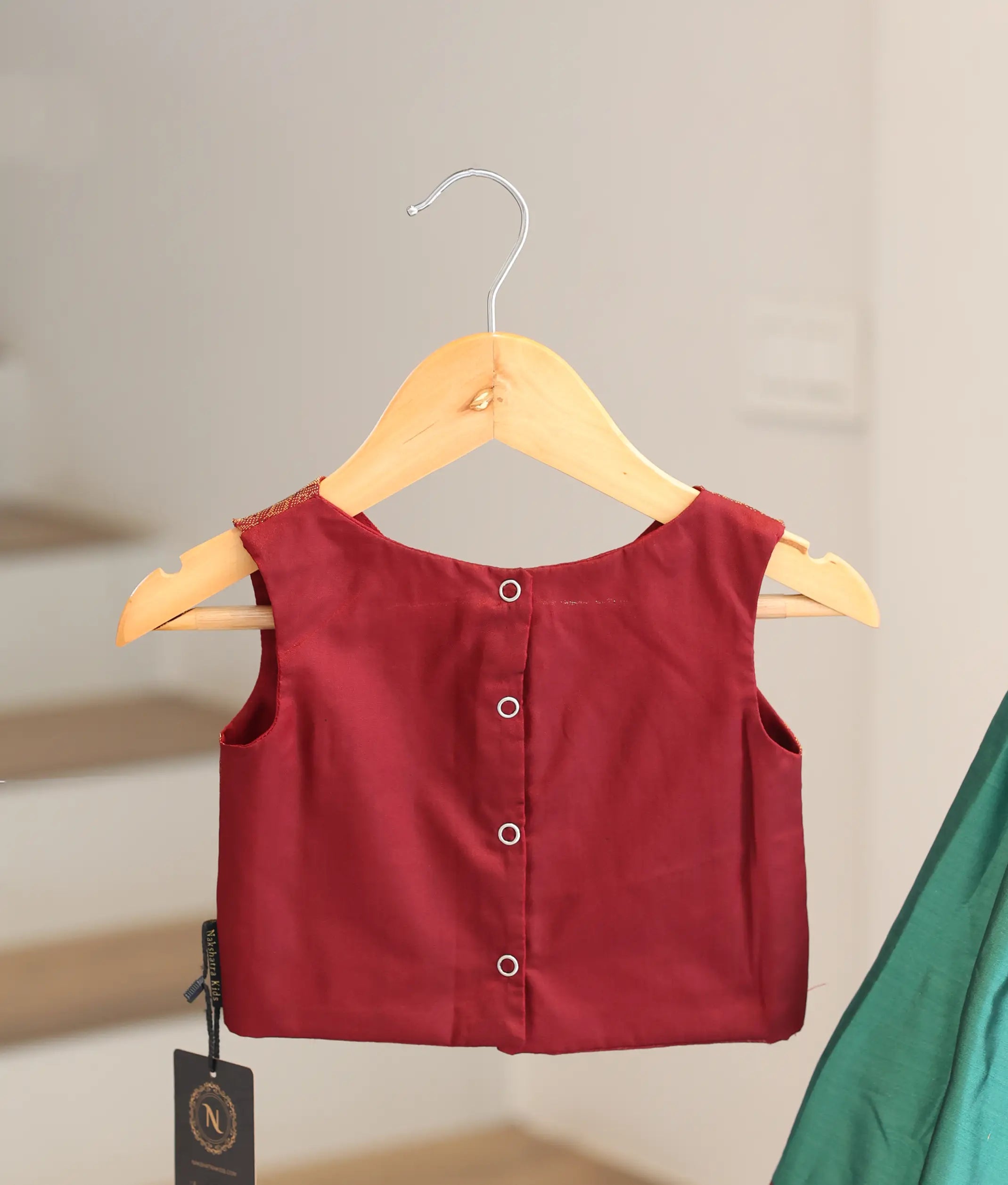 Teal Green and Maroon Kanchipuram Silk Skirt and Top for Baby Girl [6499]