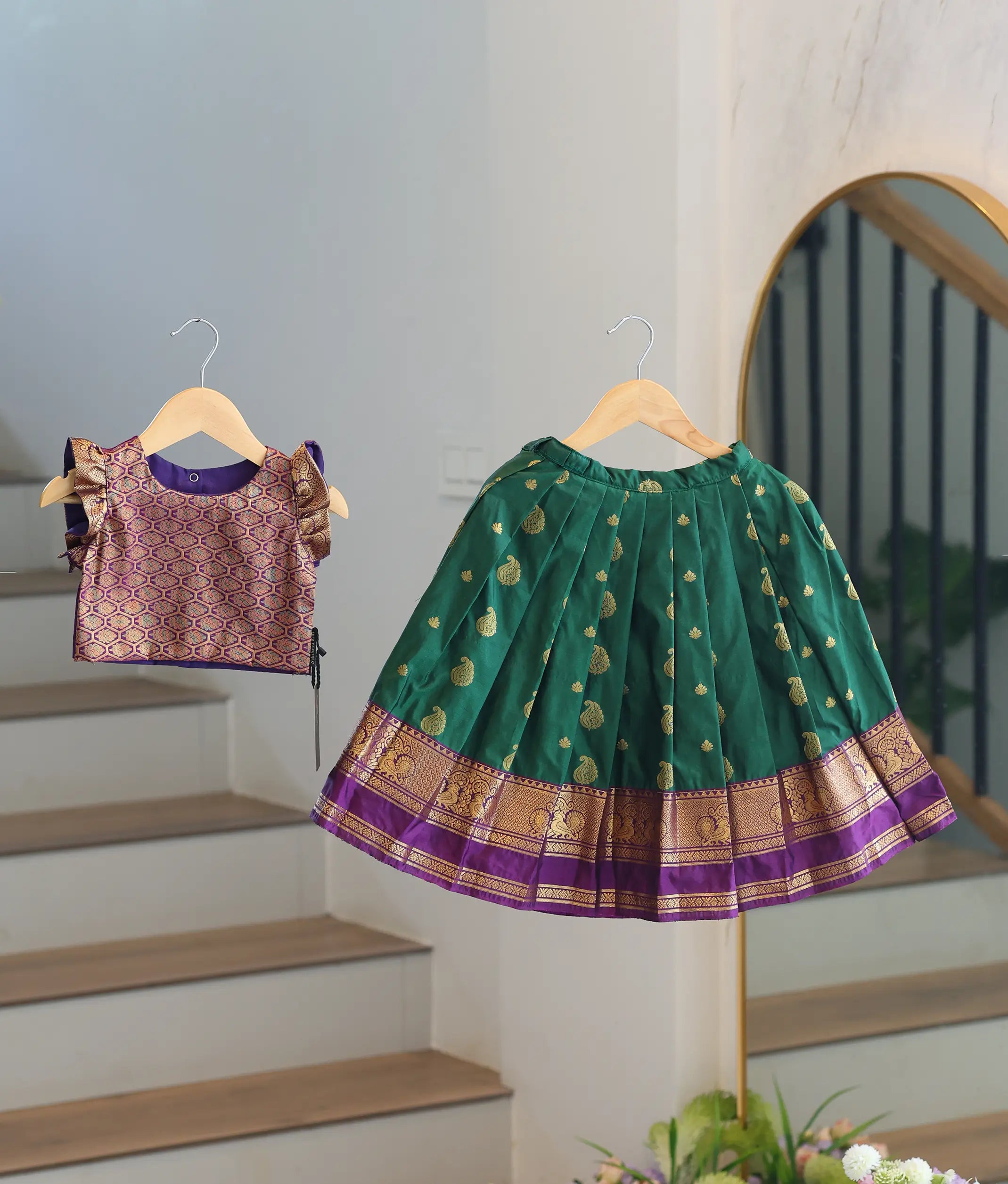 Emerald Green and Violet Kanchipuram Silk Skirt and Top for Baby Girl [6500]
