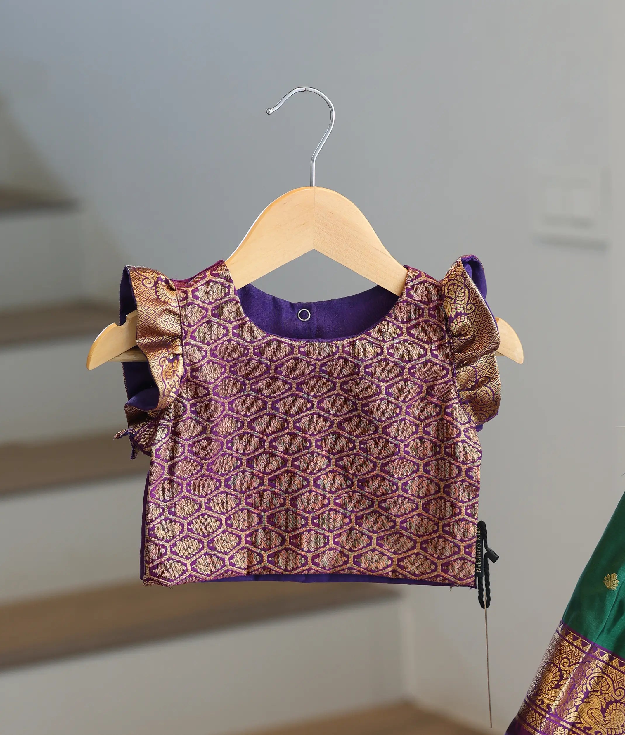 Emerald Green and Violet Kanchipuram Silk Skirt and Top for Baby Girl [6500]