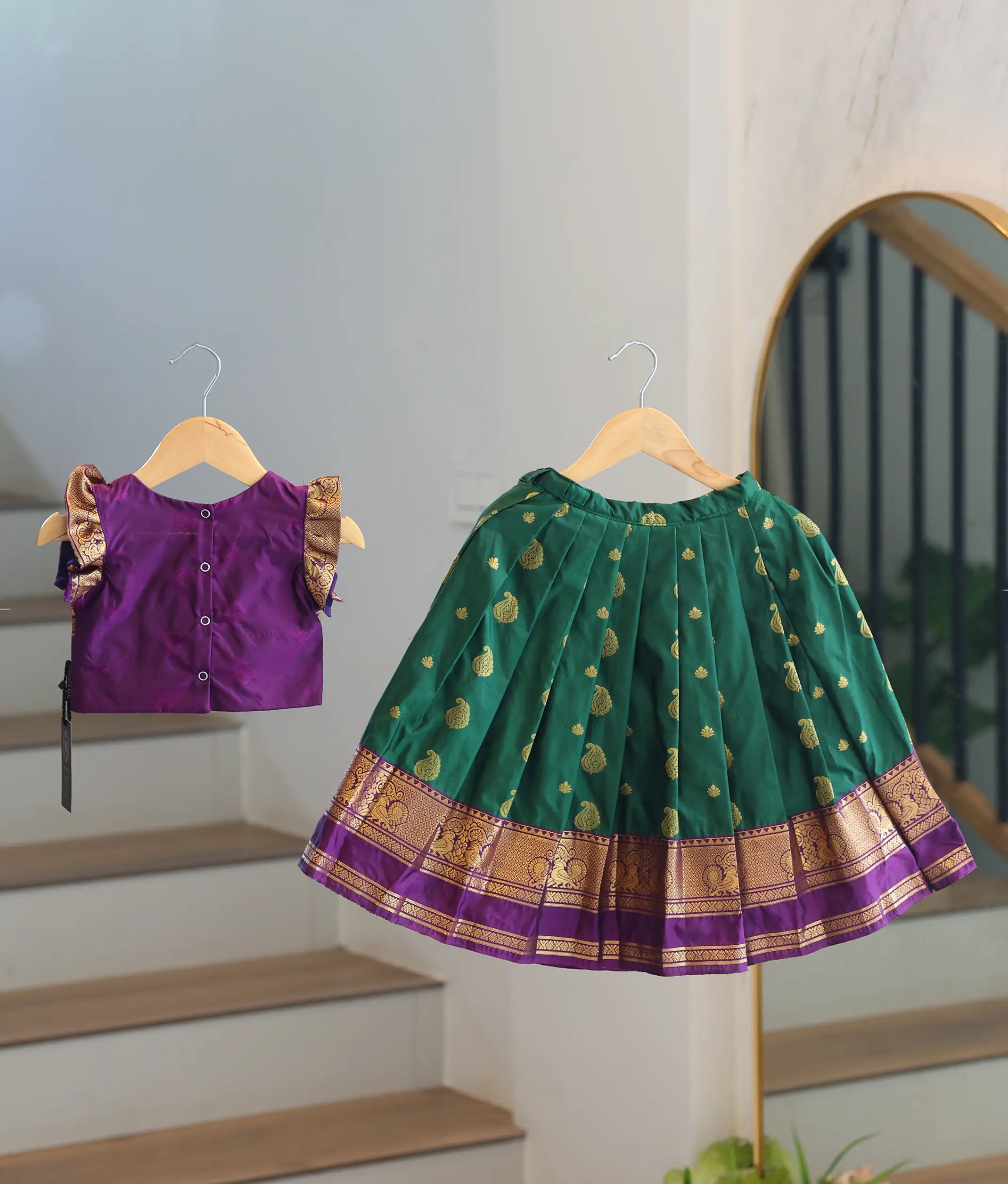 Emerald Green and Violet Kanchipuram Silk Skirt and Top for Baby Girl [6500]