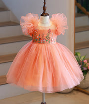 Peach Tulle Net Handworked Birthday Frock for Baby Girl [6501]