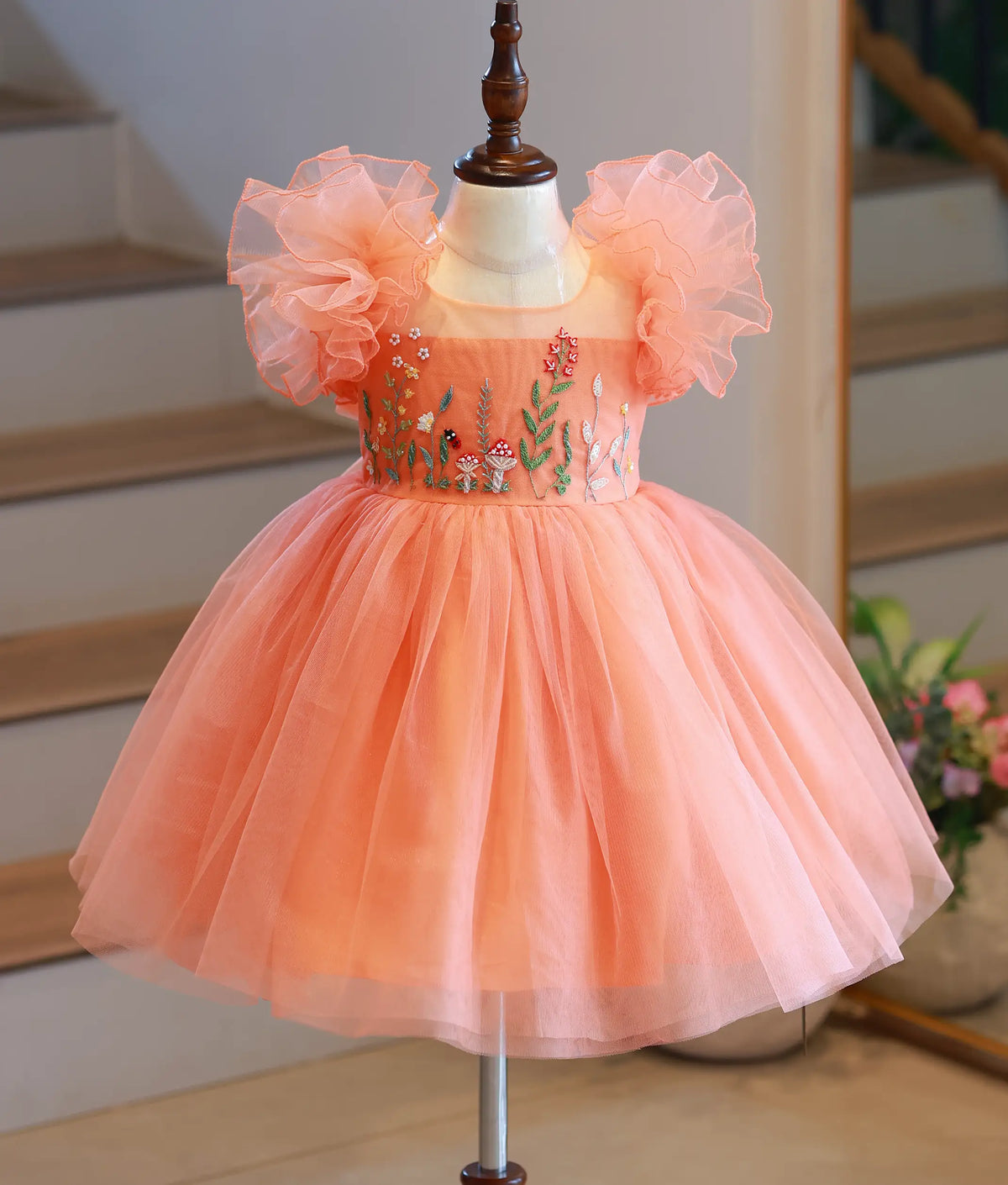 Peach Tulle Net Handworked Birthday Frock for Baby Girl [6501]