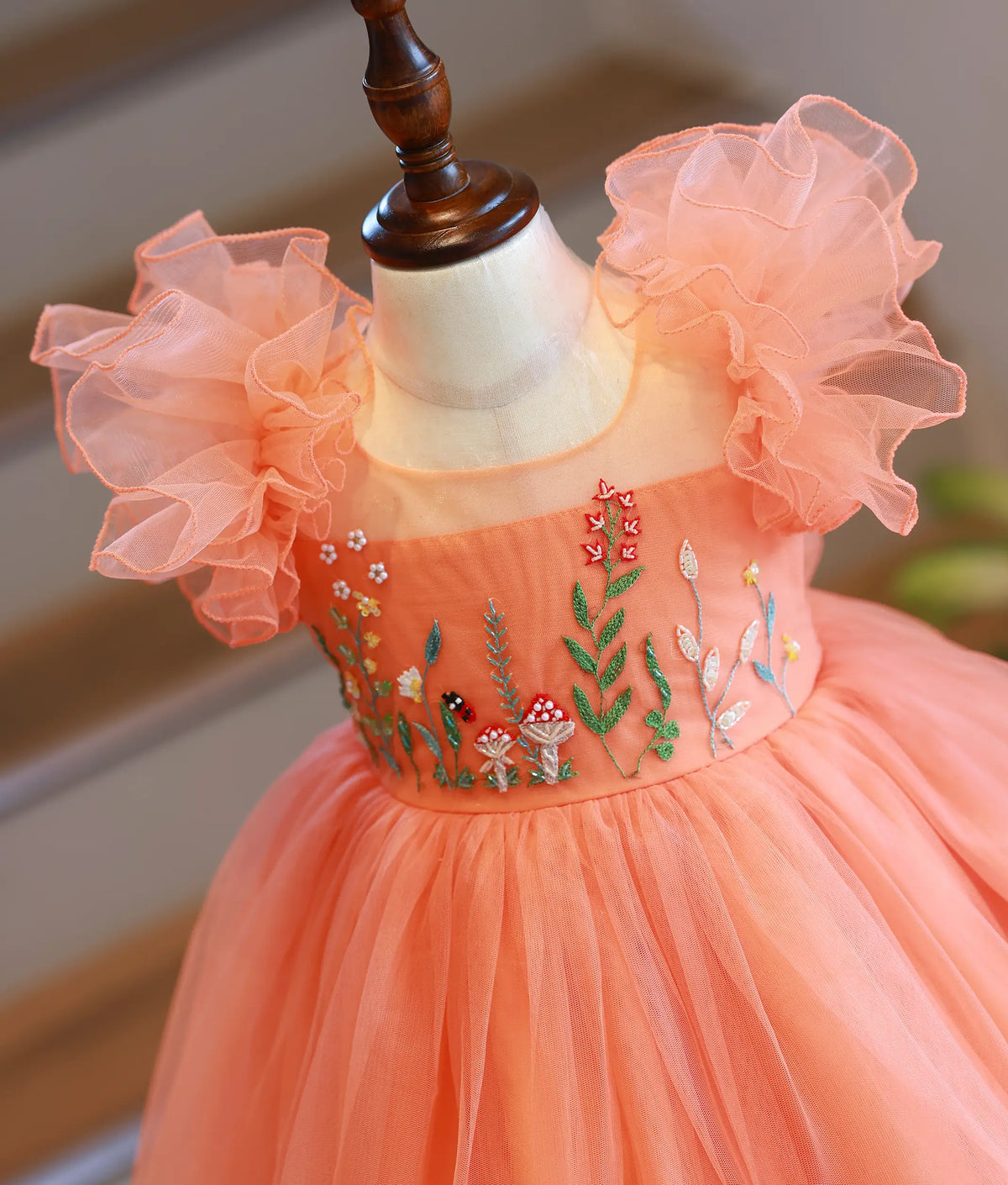 Peach Tulle Net Handworked Birthday Frock for Baby Girl [6501]
