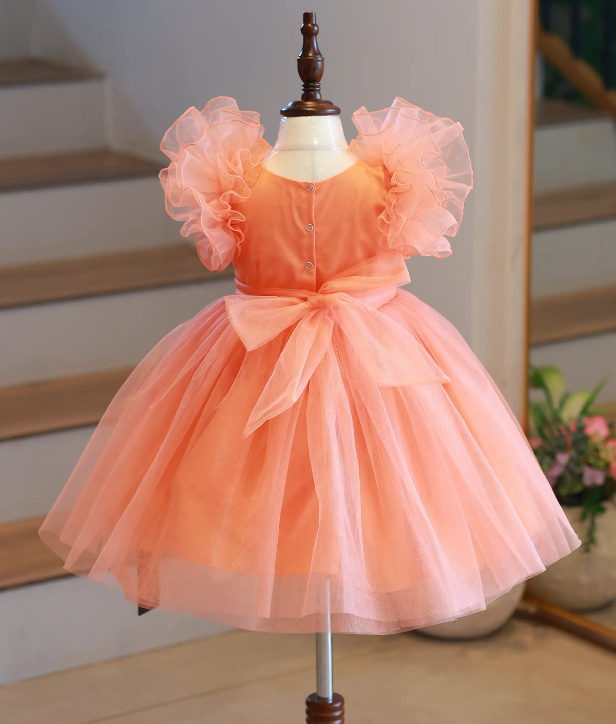 Peach Tulle Net Handworked Birthday Frock for Baby Girl [6501]
