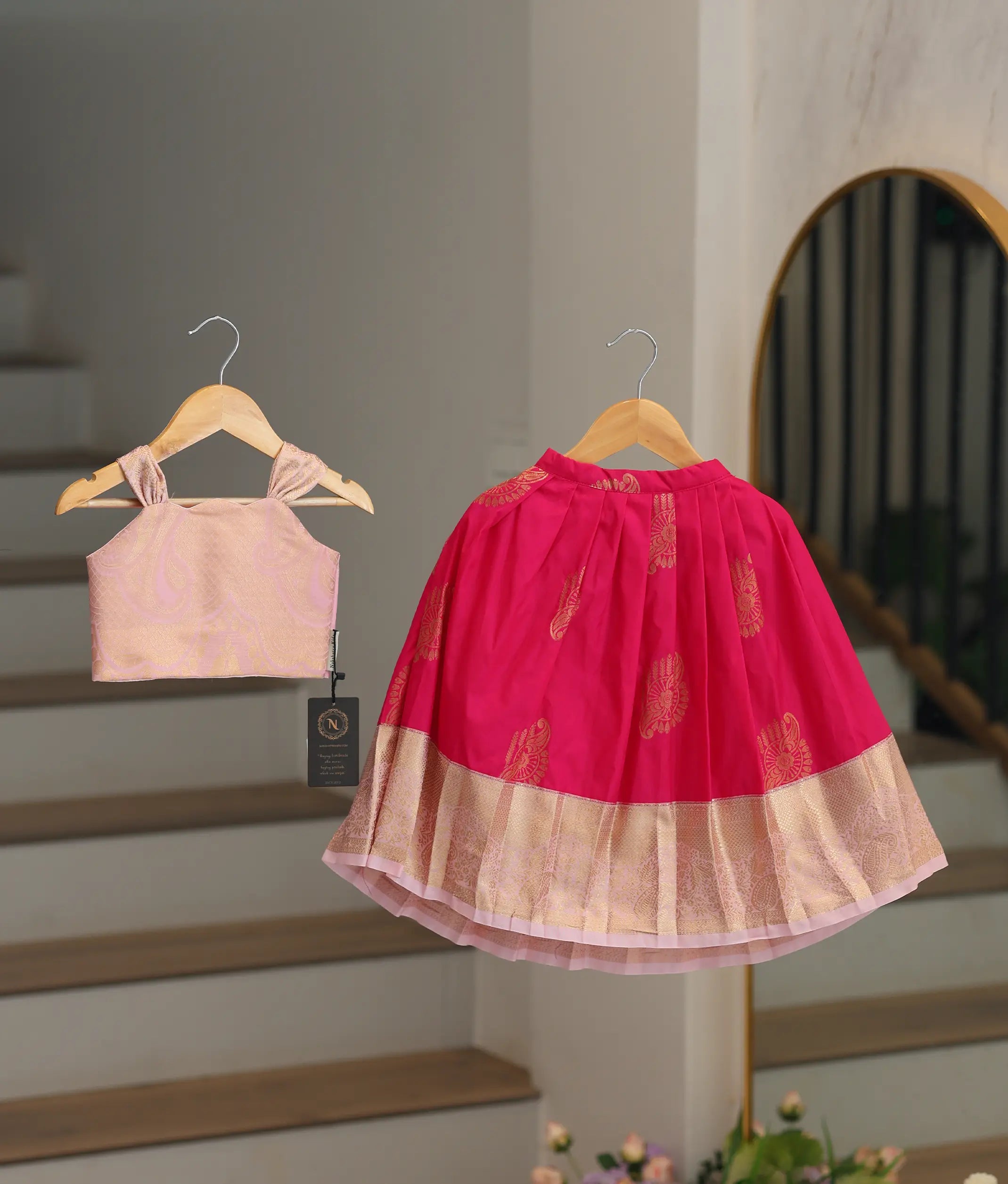 Pink Kanchipuram Silk Skirt and Top for Baby Girl [6502]