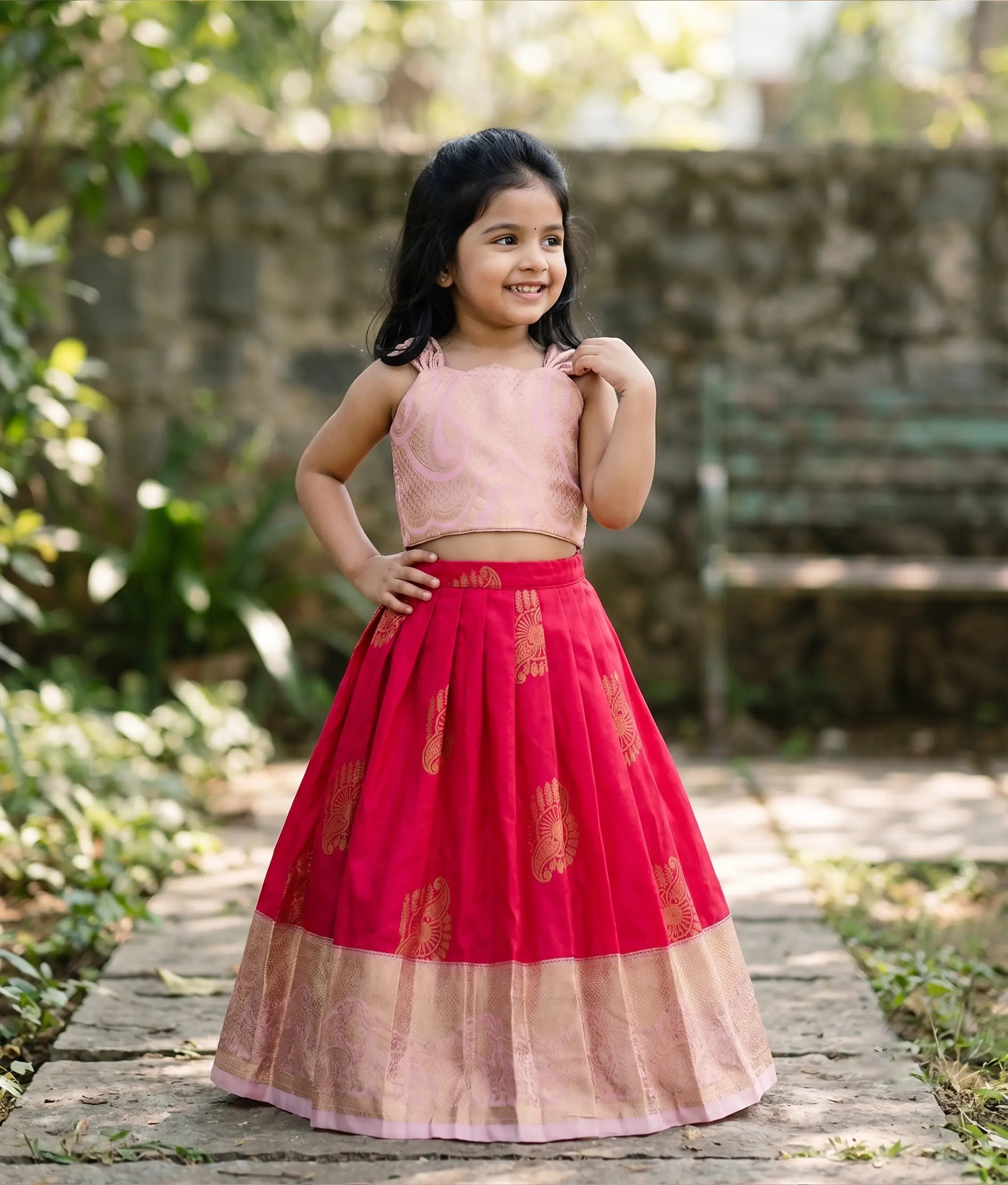 Pink Kanchipuram Silk Skirt and Top for Baby Girl [6502]