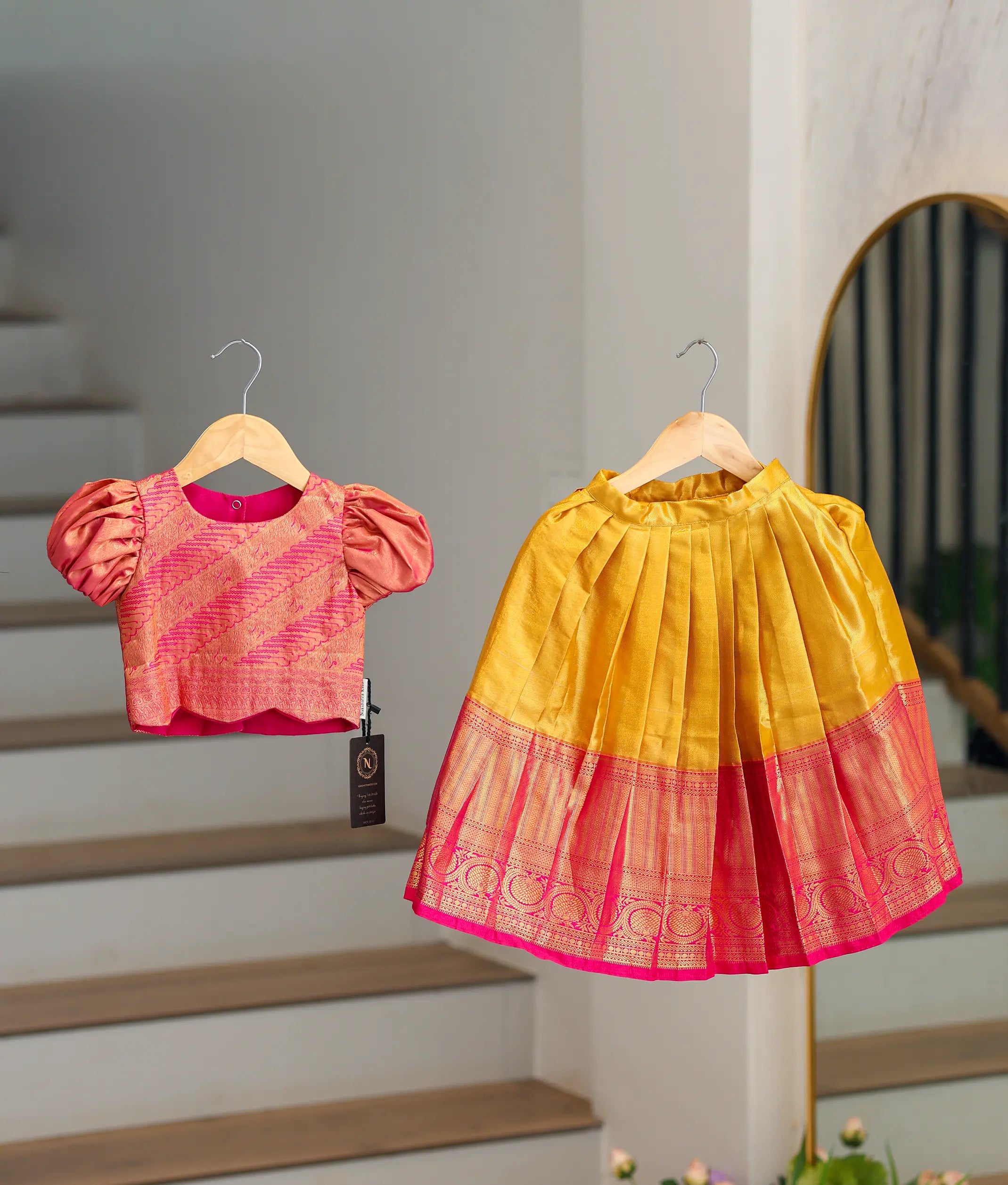 Pink and Yellow Kanchipuram Silk Skirt and Top for Baby Girl [6503]