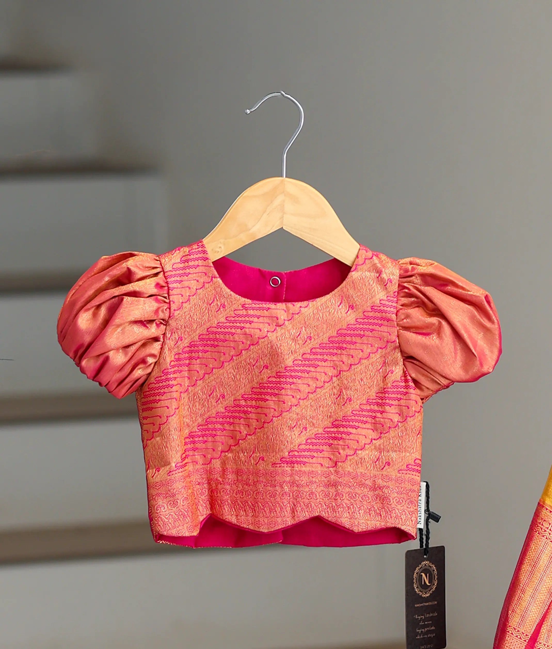 Pink and Yellow Kanchipuram Silk Skirt and Top for Baby Girl [6503]