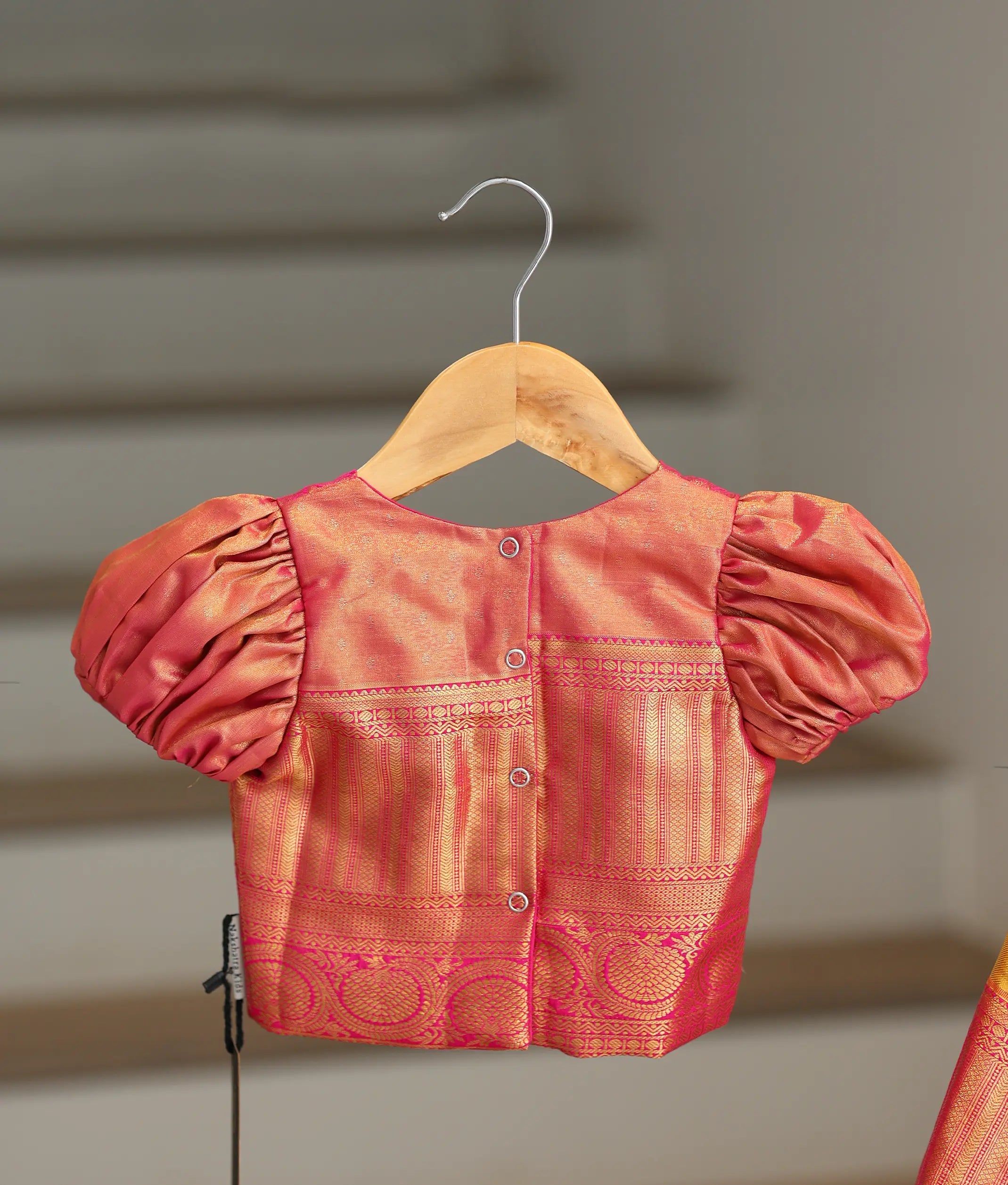Pink and Yellow Kanchipuram Silk Skirt and Top for Baby Girl [6503]