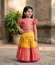 Pink and Yellow Kanchipuram Silk Skirt and Top for Baby Girl [6503]