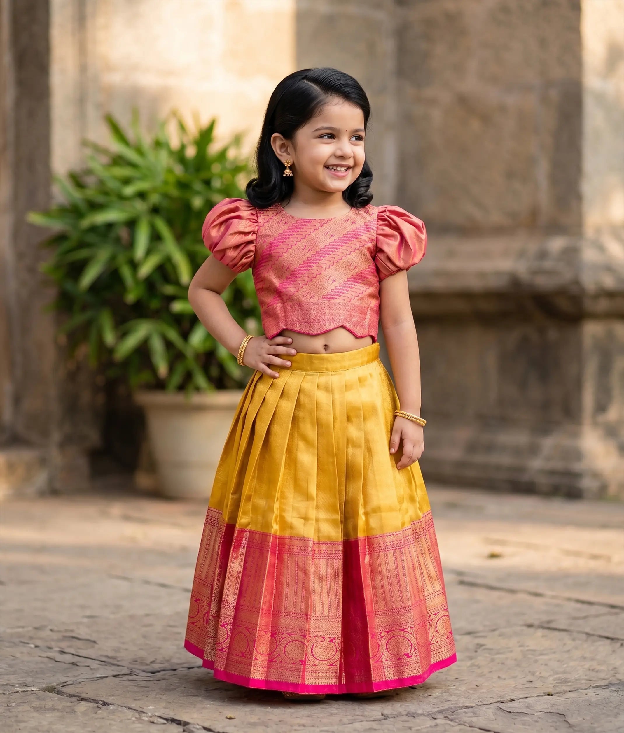 Pink and Yellow Kanchipuram Silk Skirt and Top for Baby Girl [6503]