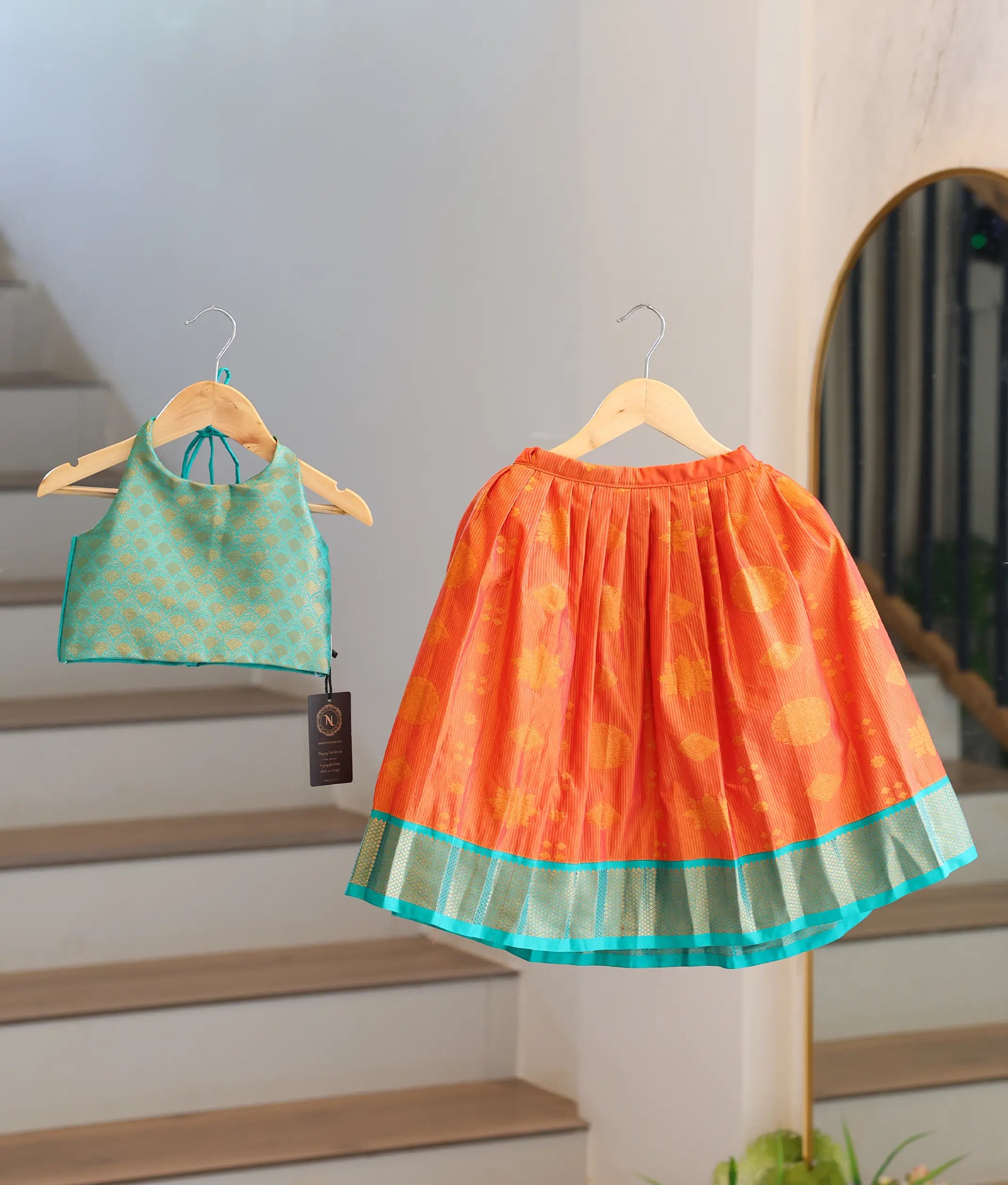Orange and Sea Green Kanchipuram Silk Skirt and Top for Baby Girl [6505]