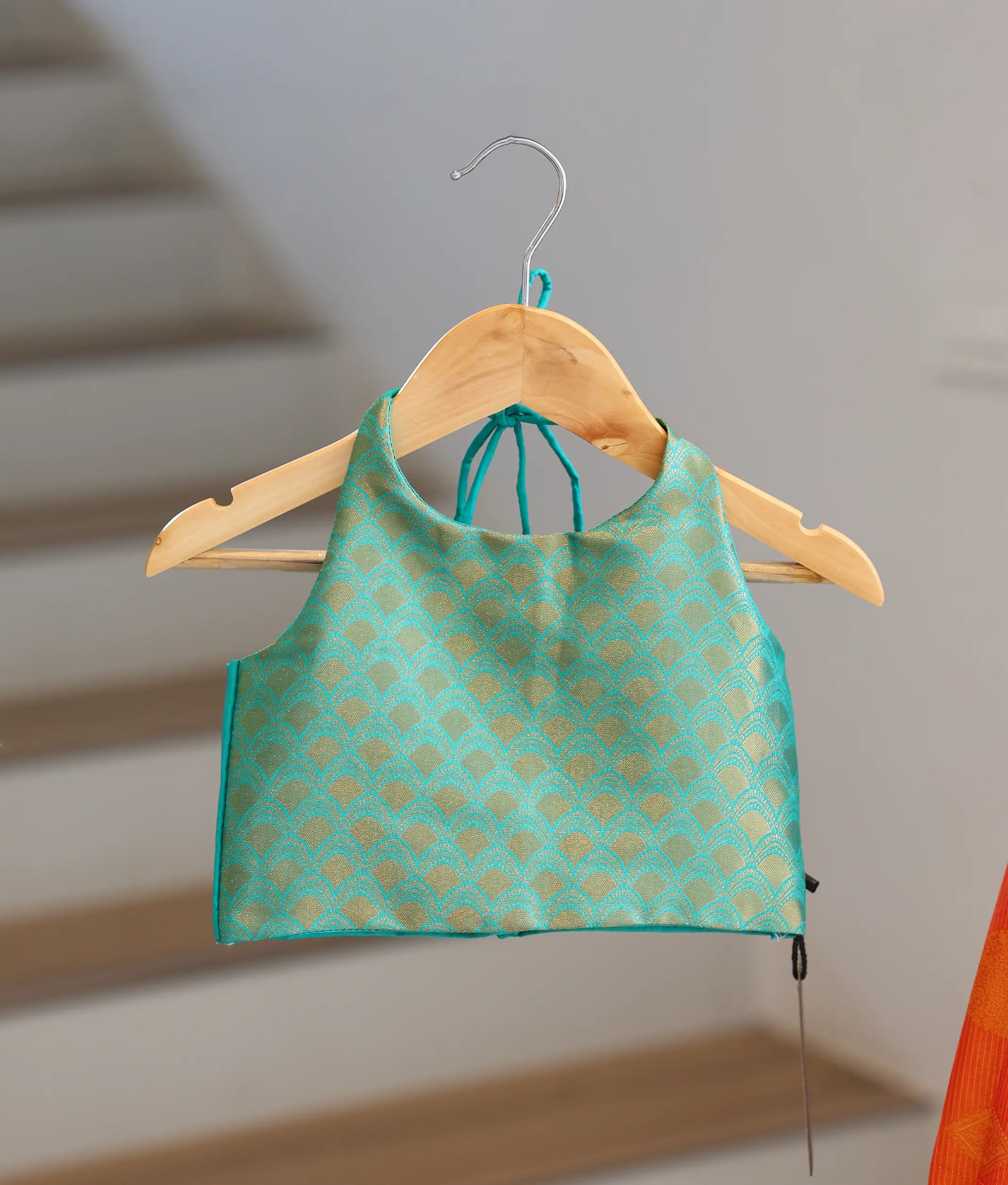 Orange and Sea Green Kanchipuram Silk Skirt and Top for Baby Girl [6505]