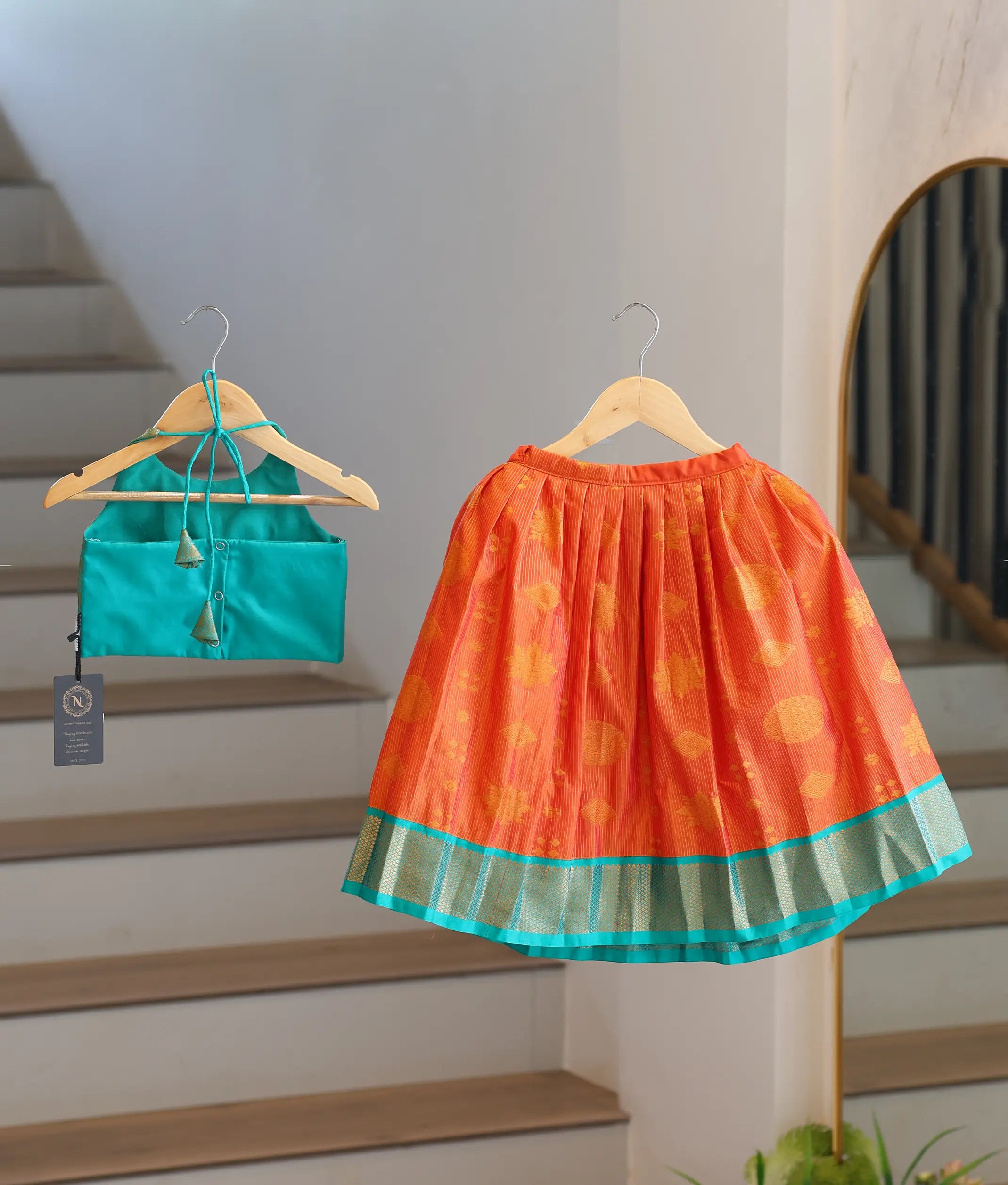 Orange and Sea Green Kanchipuram Silk Skirt and Top for Baby Girl [6505]