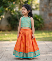 Orange and Sea Green Kanchipuram Silk Skirt and Top for Baby Girl [6505]