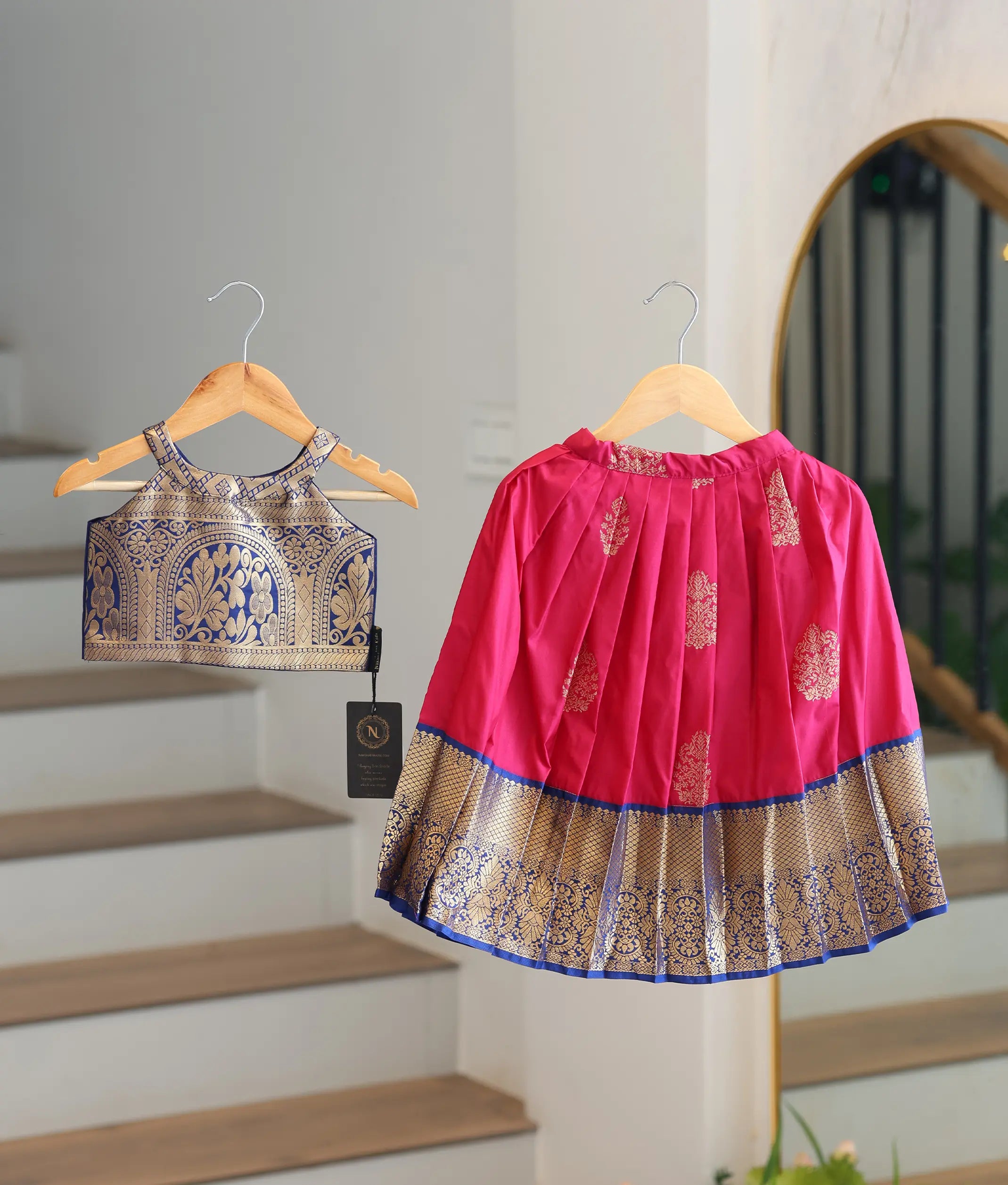 Pink and Blue Kanchipuram Silk Skirt and Top for Baby Girl [6506]