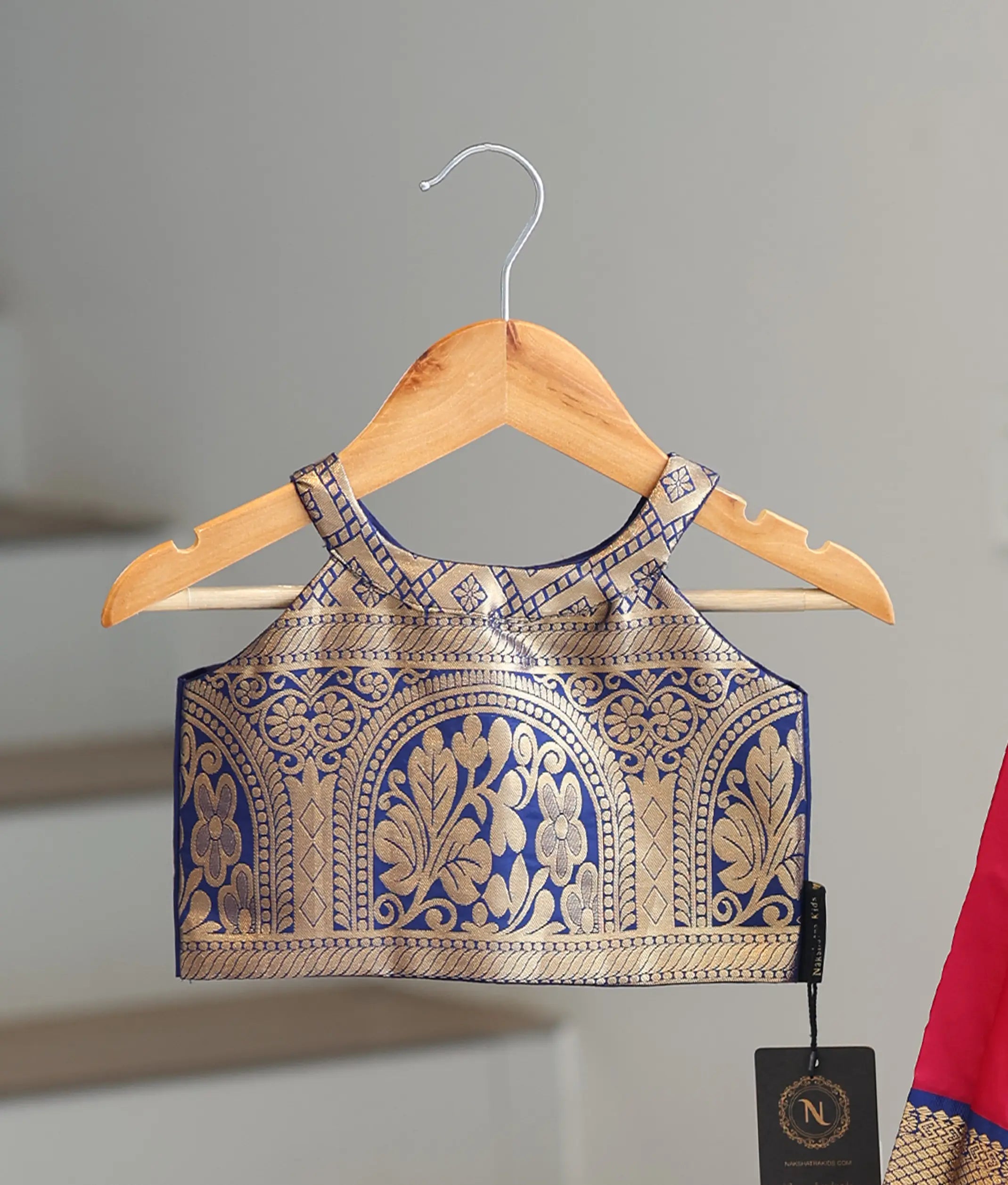 Pink and Blue Kanchipuram Silk Skirt and Top for Baby Girl [6506]