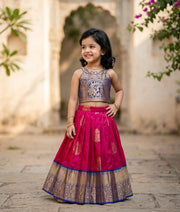 Pink and Blue Kanchipuram Silk Skirt and Top for Baby Girl [6506]