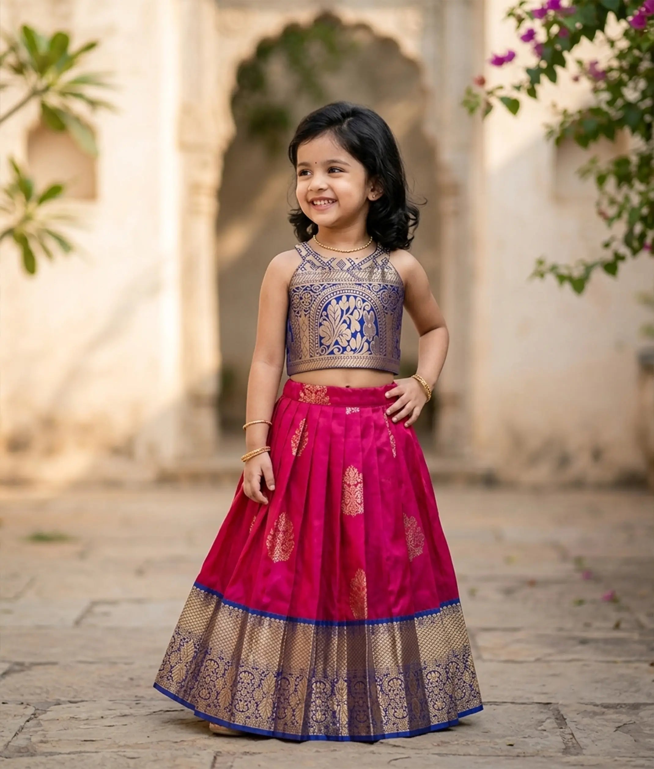 Pink and Blue Kanchipuram Silk Skirt and Top for Baby Girl [6506]