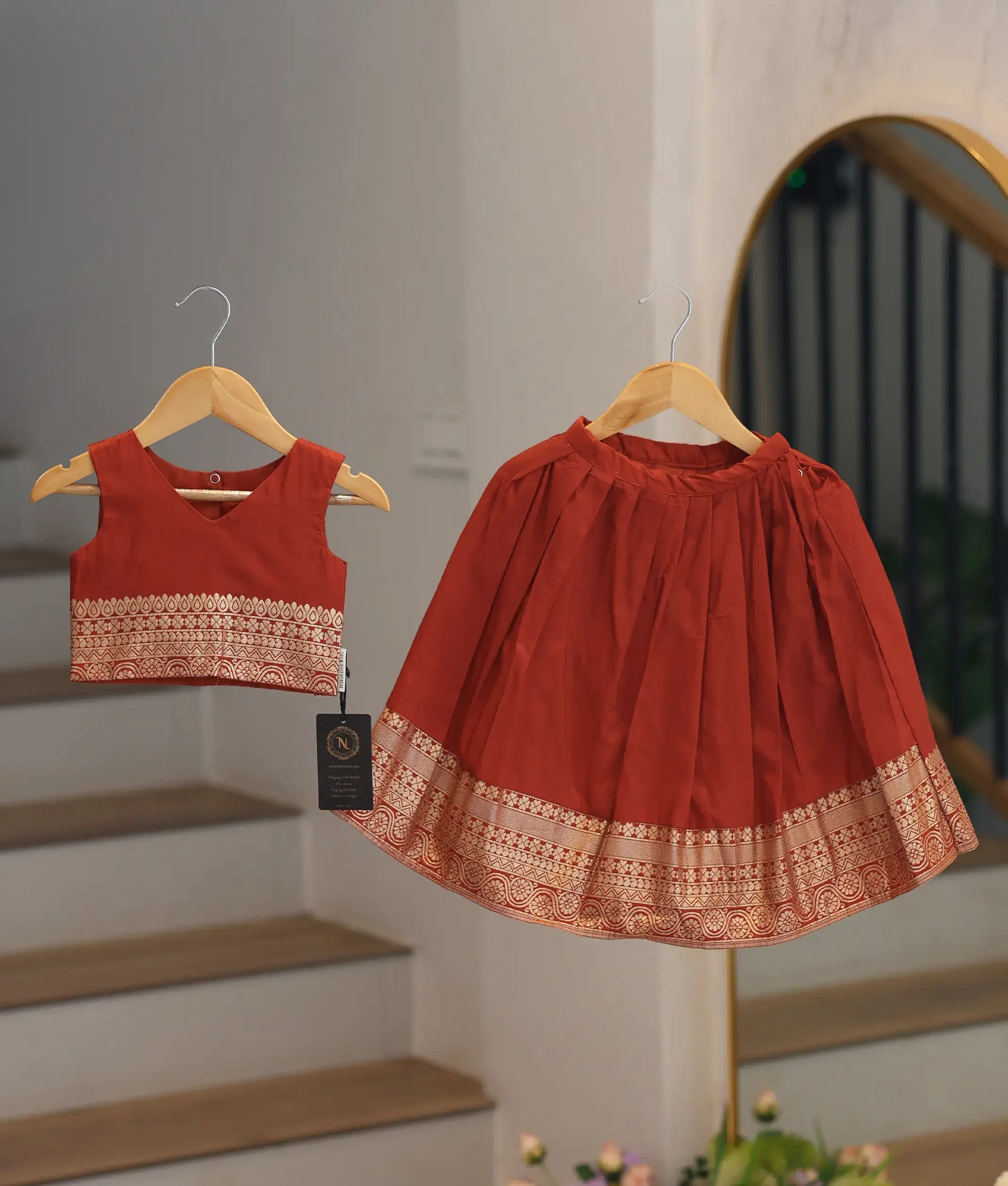 Rust Red Semi Silk Skirt and Top for Baby Girl [6508]