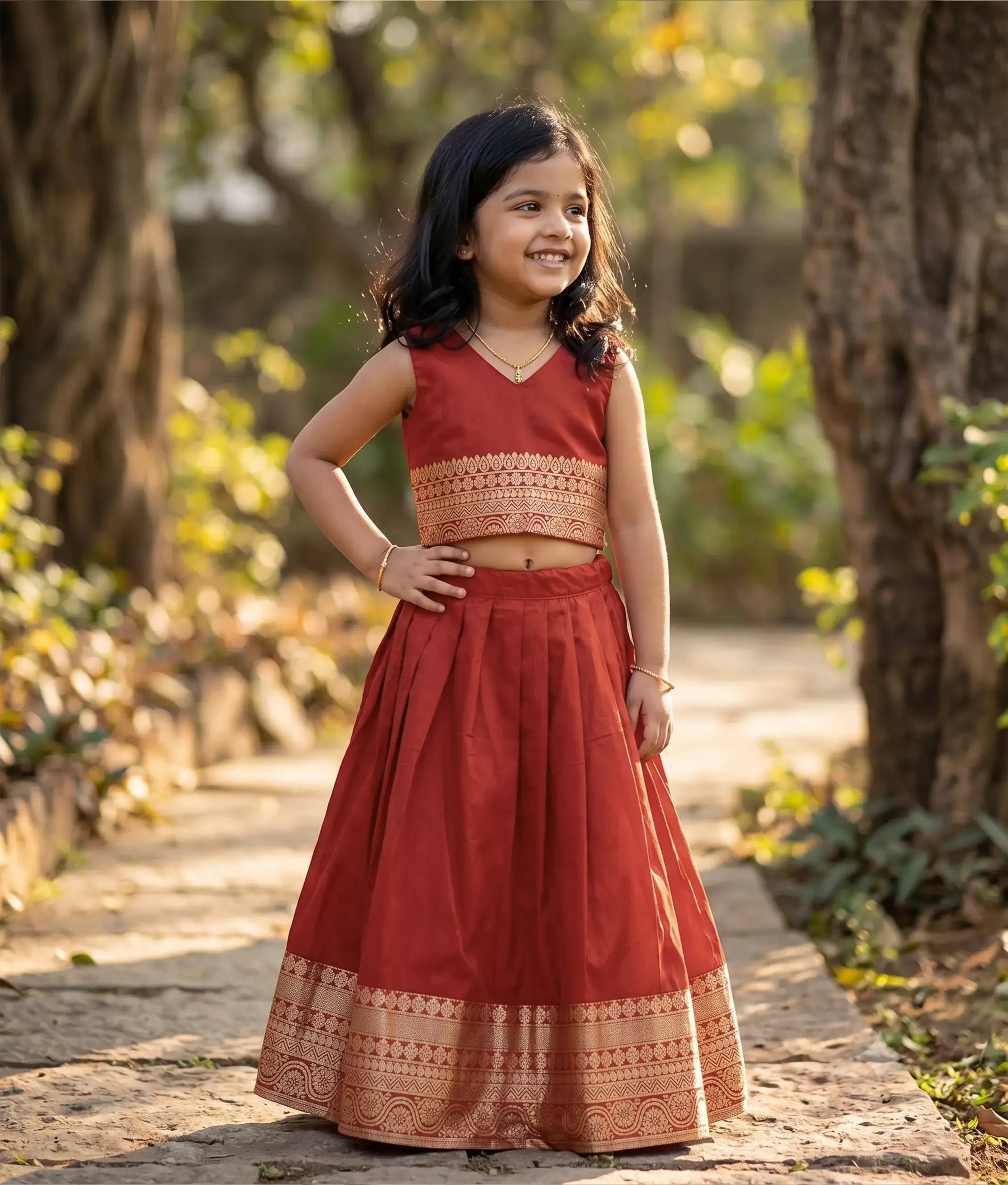 Rust Red Semi Silk Skirt and Top for Baby Girl [6508]