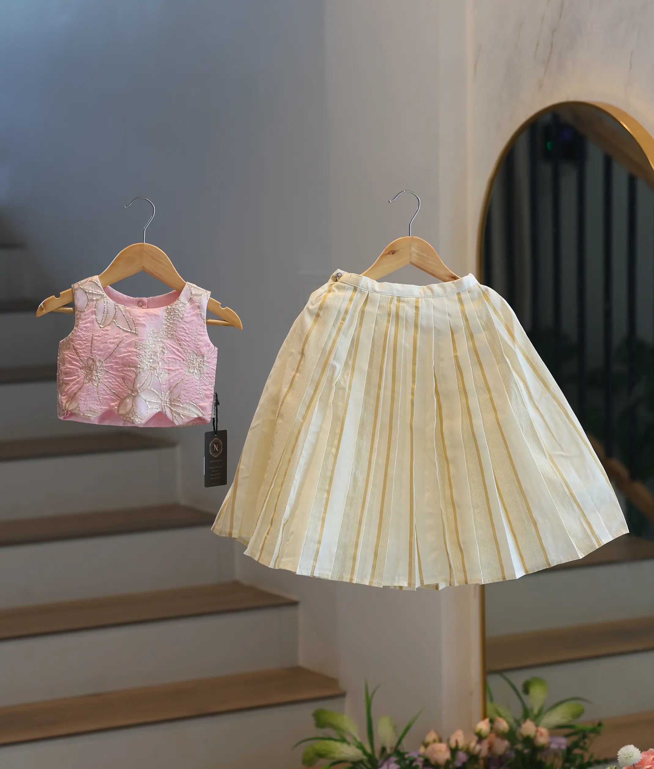 Pastel Pink Turkish Organza Top With Kasavu Skirt for Baby Girl [6509]