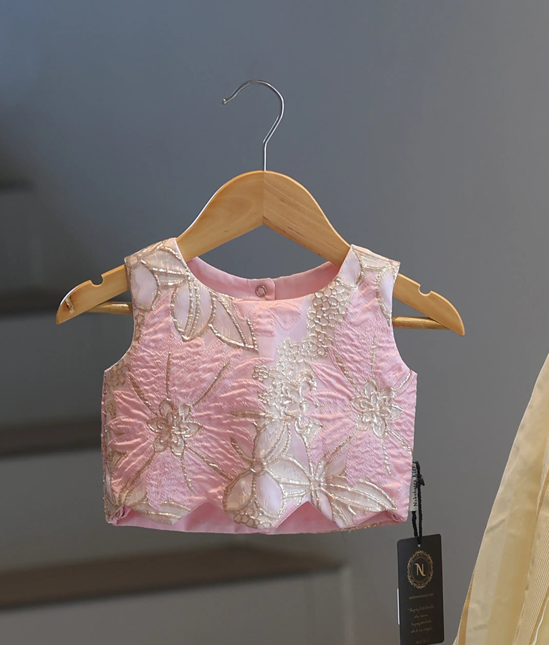 Pastel Pink Turkish Organza Top With Kasavu Skirt for Baby Girl [6509]