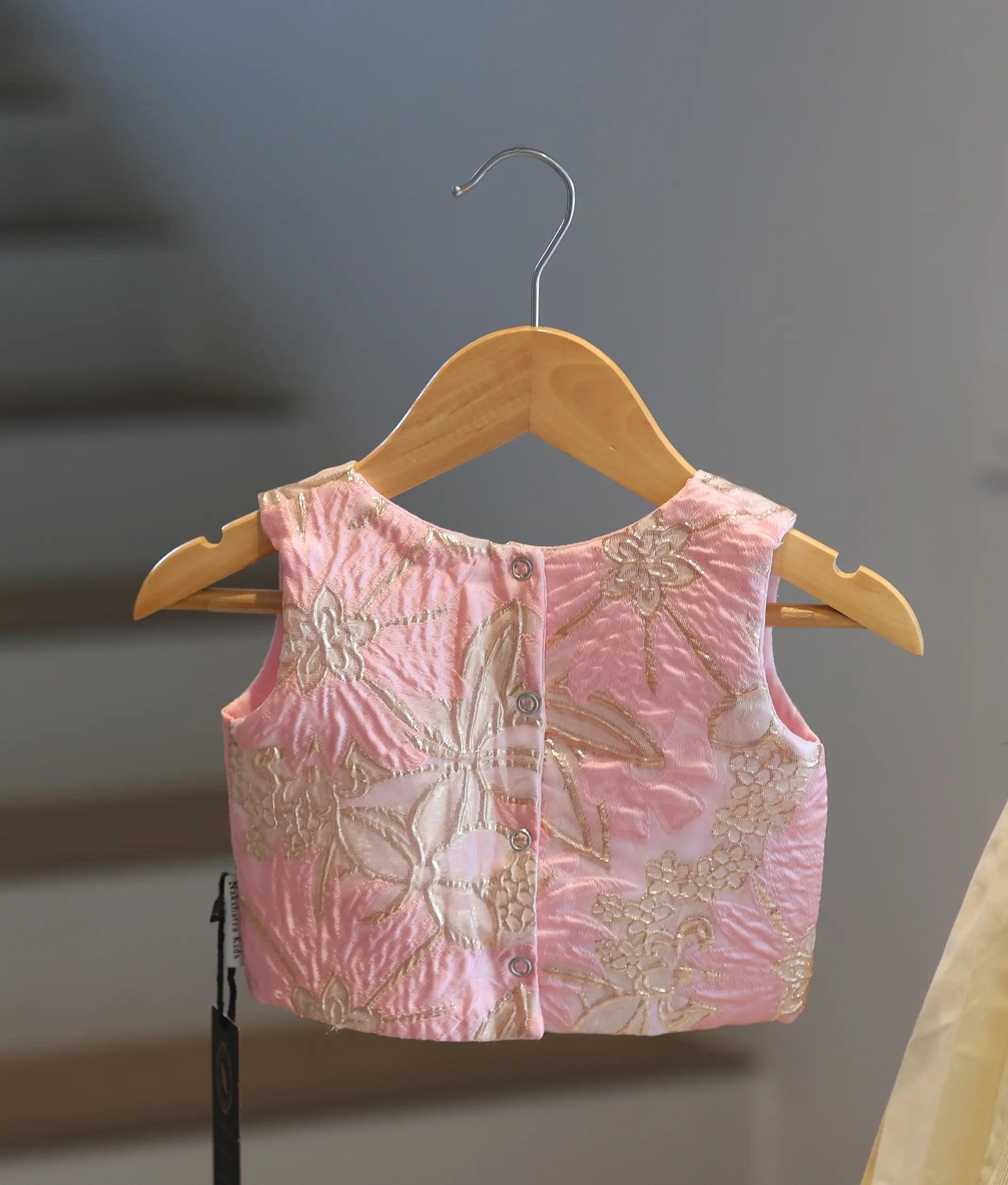 Pastel Pink Turkish Organza Top With Kasavu Skirt for Baby Girl [6509]