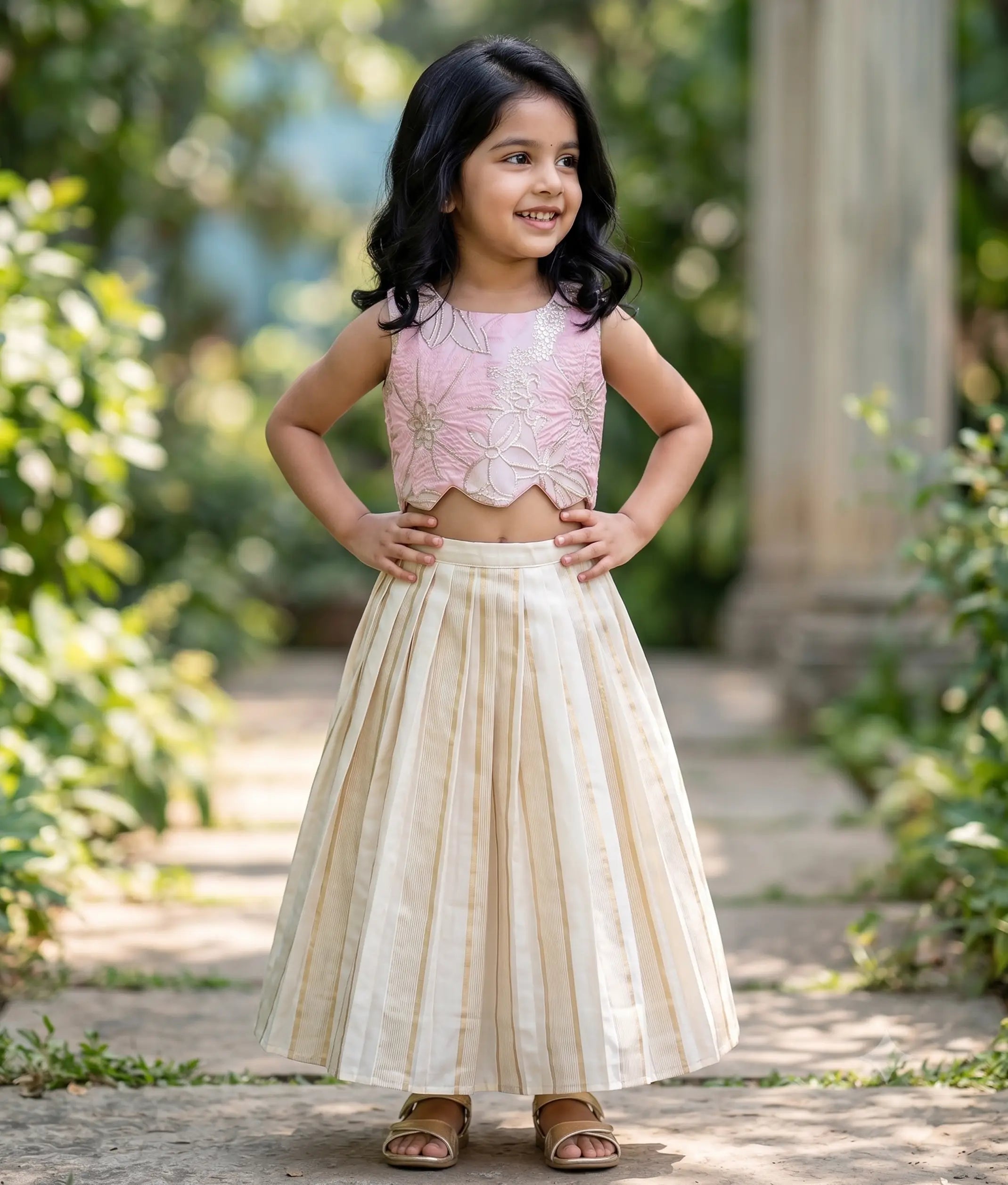 Pastel Pink Turkish Organza Top With Kasavu Skirt for Baby Girl [6509]