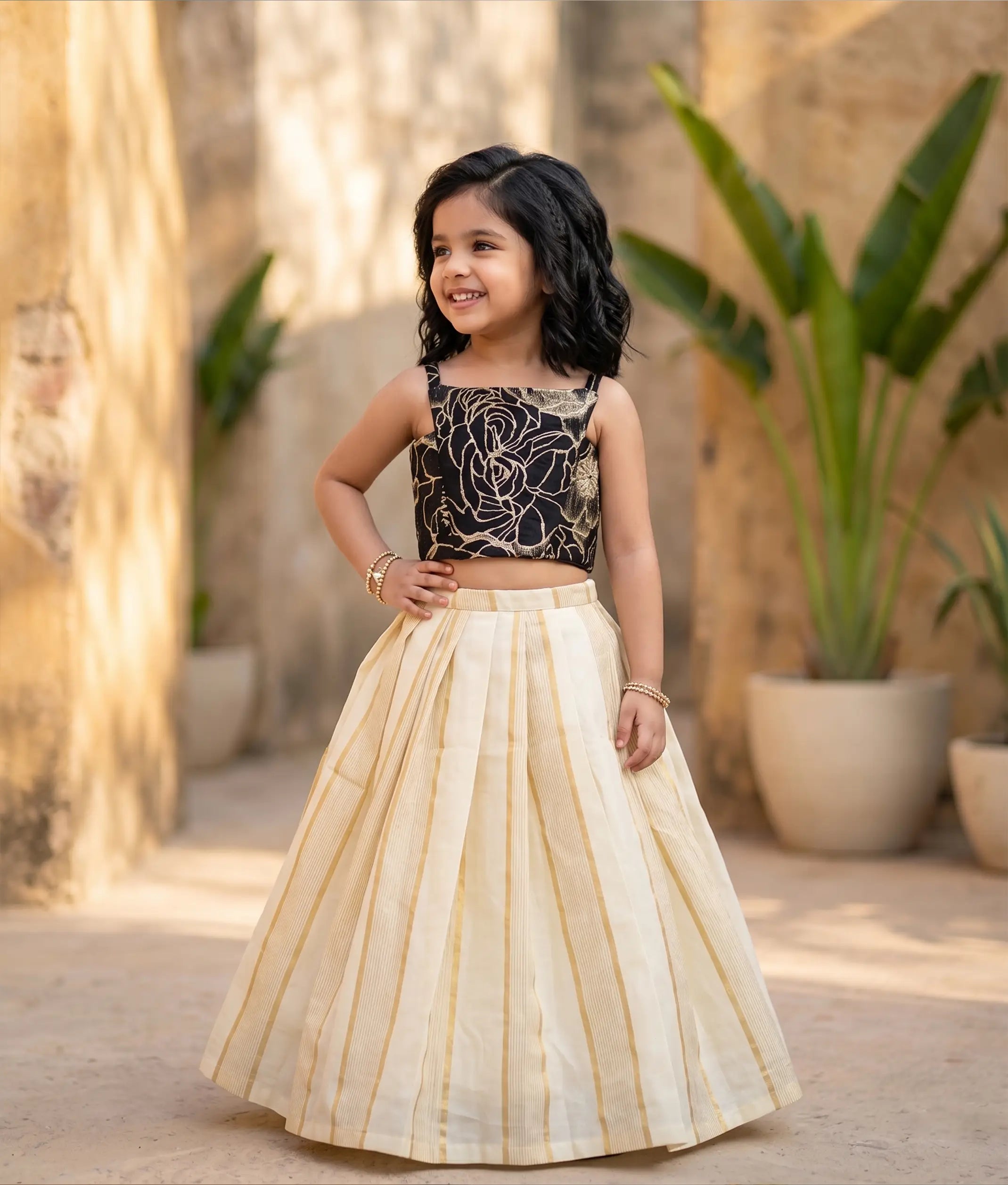 Black Turkish Organza Top With Kasavu Skirt for Baby Girl [6510]