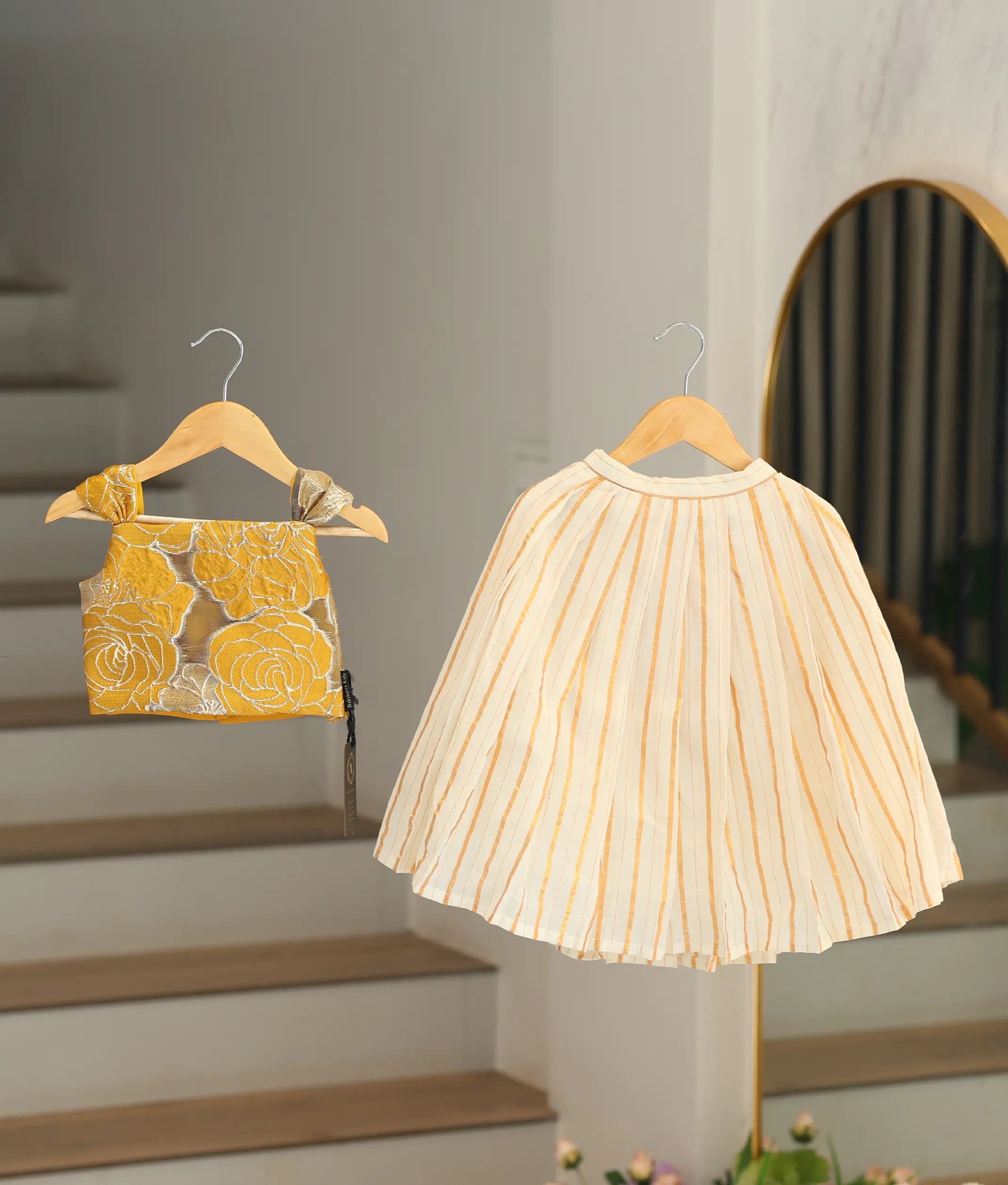Yellow Turkish Organza Top With Kasavu Skirt for Baby Girl [6511]
