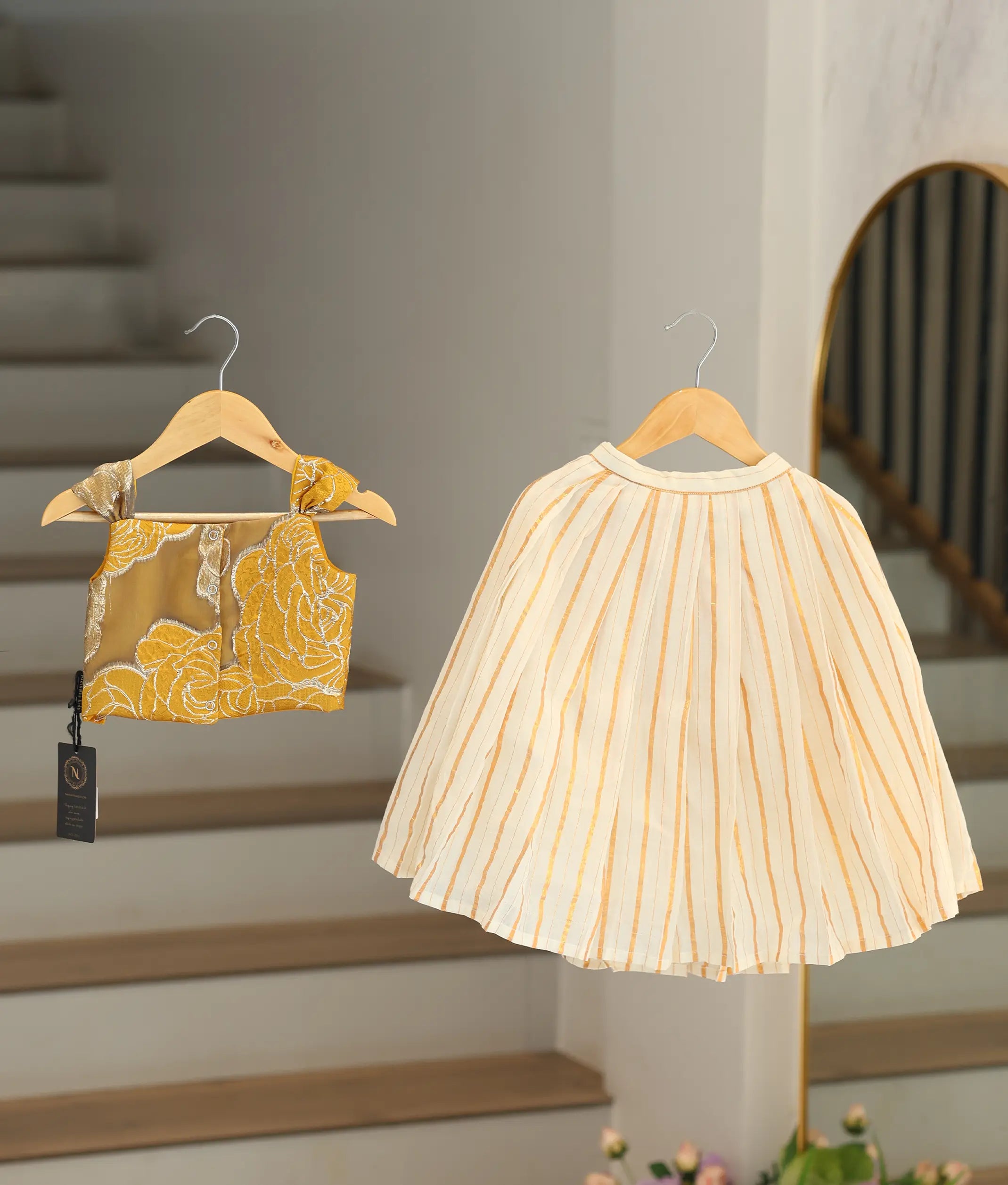 Yellow Turkish Organza Top With Kasavu Skirt for Baby Girl [6511]