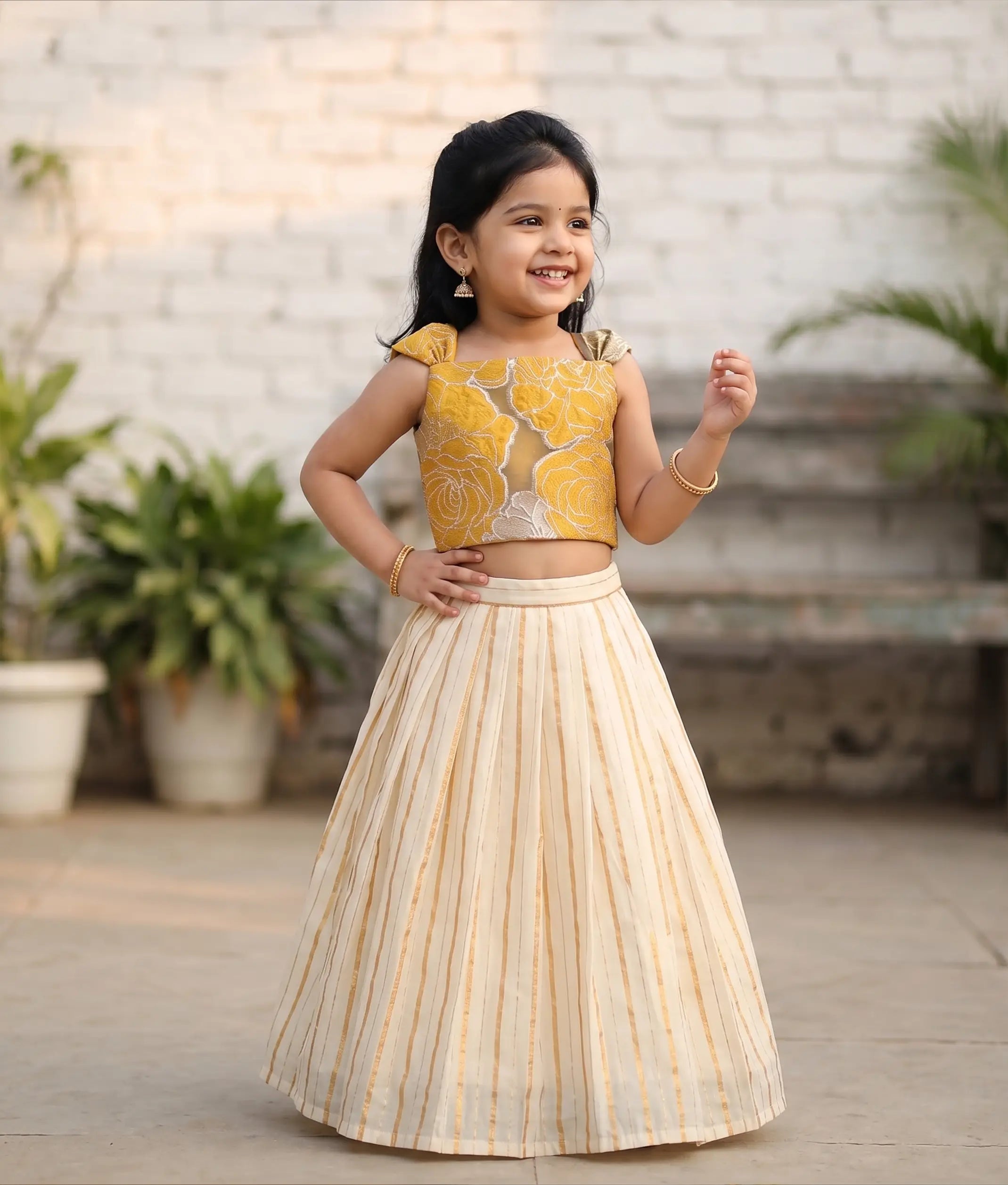 Yellow Turkish Organza Top With Kasavu Skirt for Baby Girl [6511]