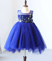 Royal Blue High-Low Tulle Net Handworked Birthday Frock for Baby Girl [6513]