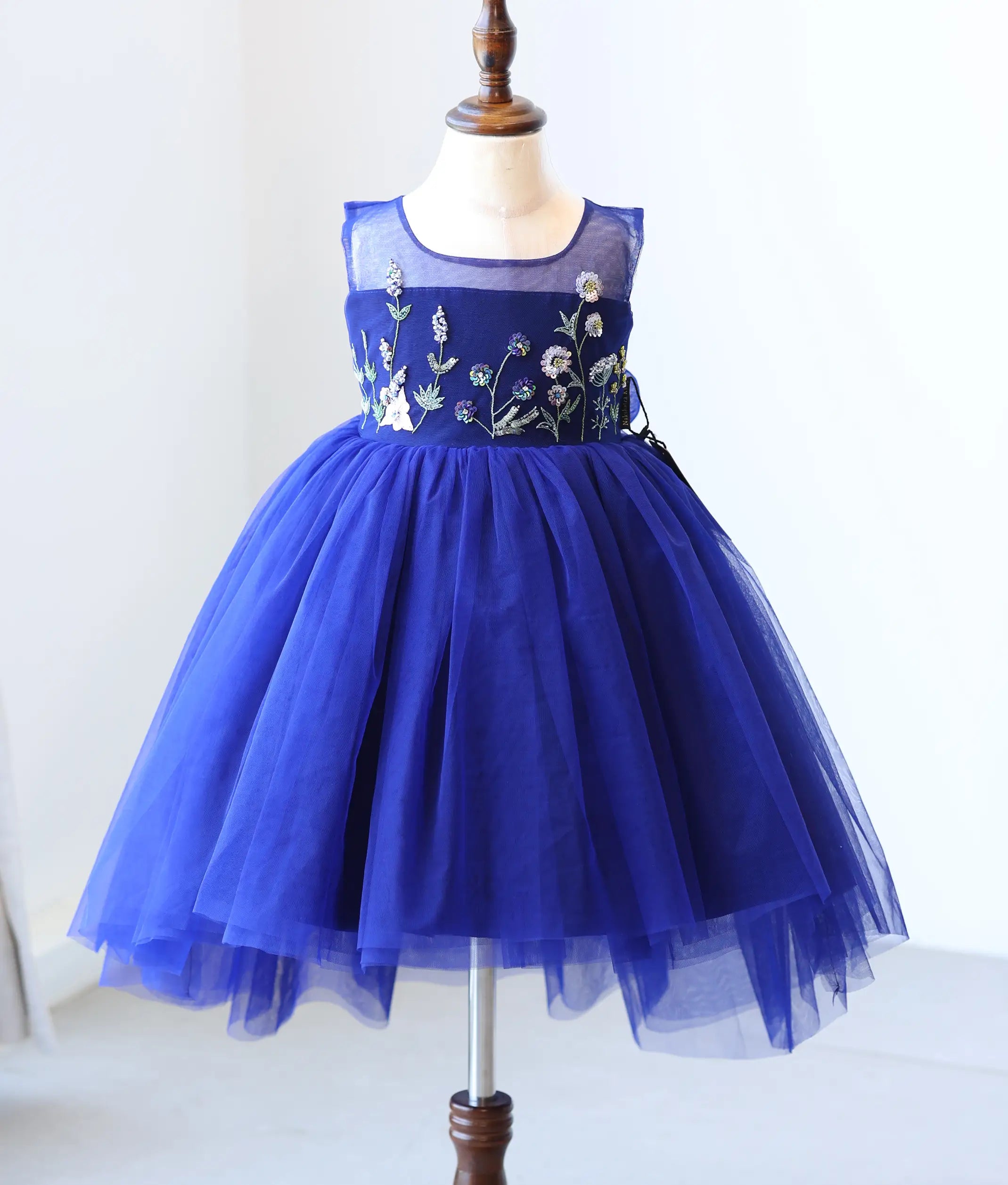 Royal Blue High-Low Tulle Net Handworked Birthday Frock for Baby Girl [6513]
