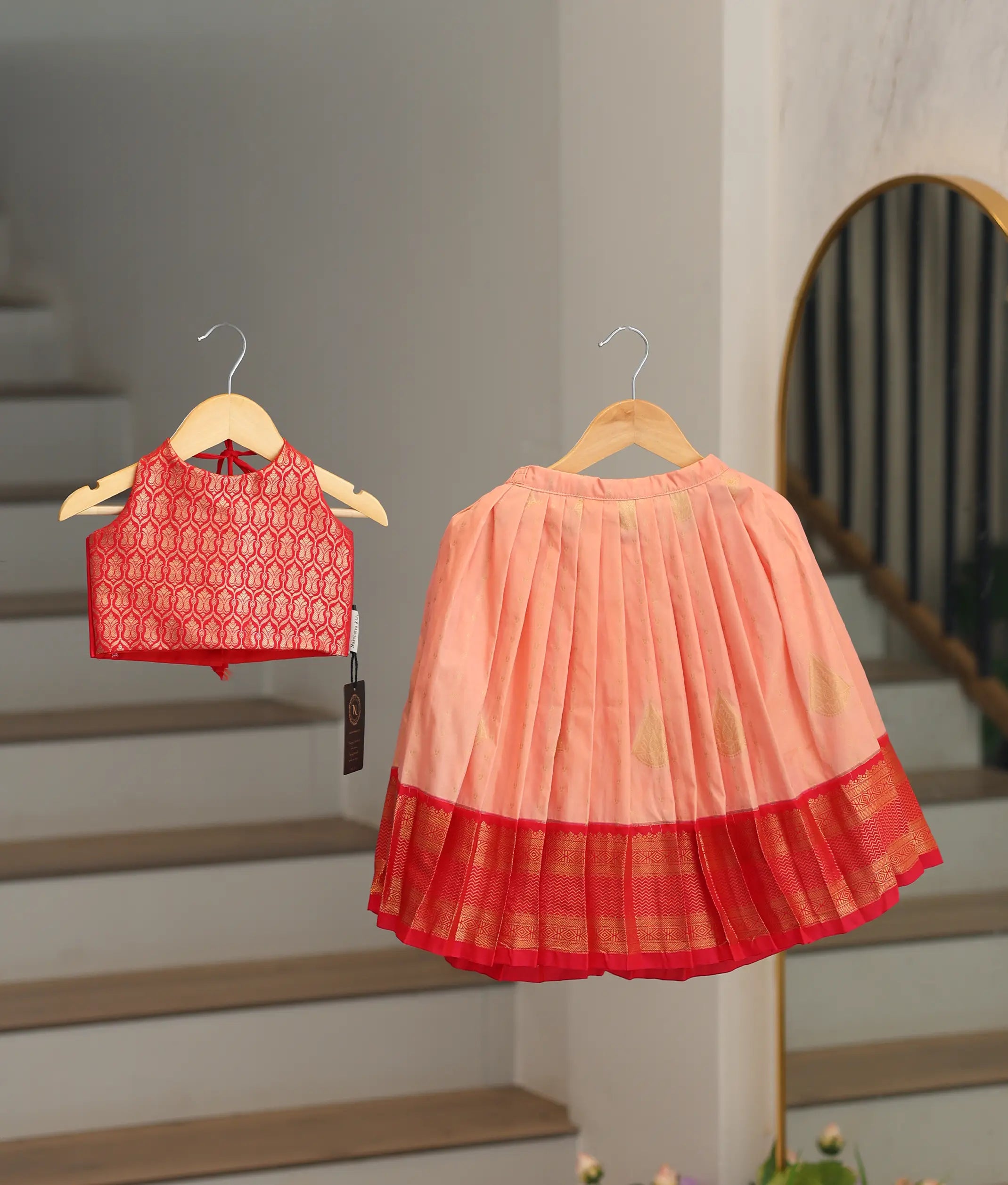 Red and Peach Kanchipuram Silk Skirt and Top for Baby Girl [6516]