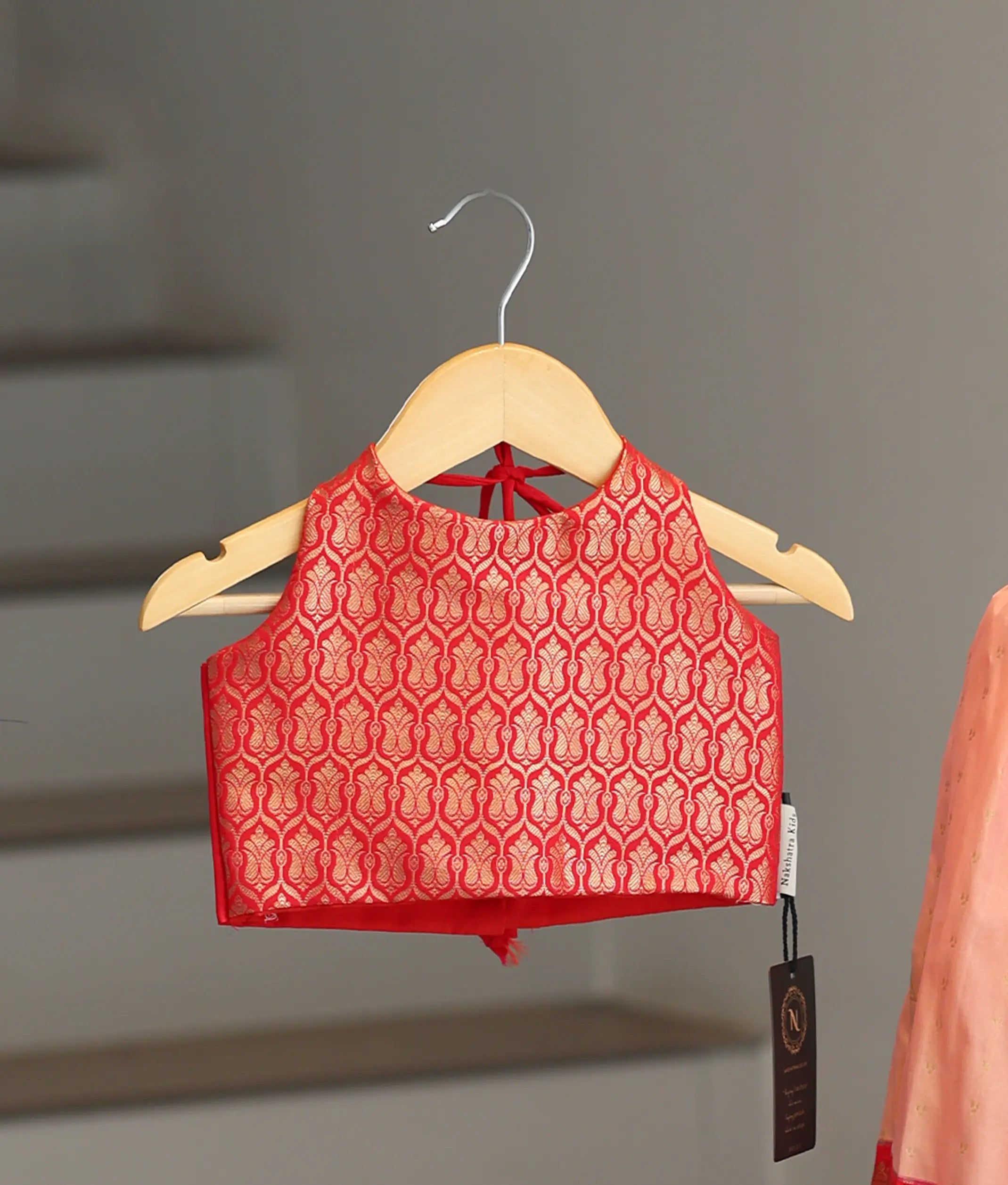 Red and Peach Kanchipuram Silk Skirt and Top for Baby Girl [6516]
