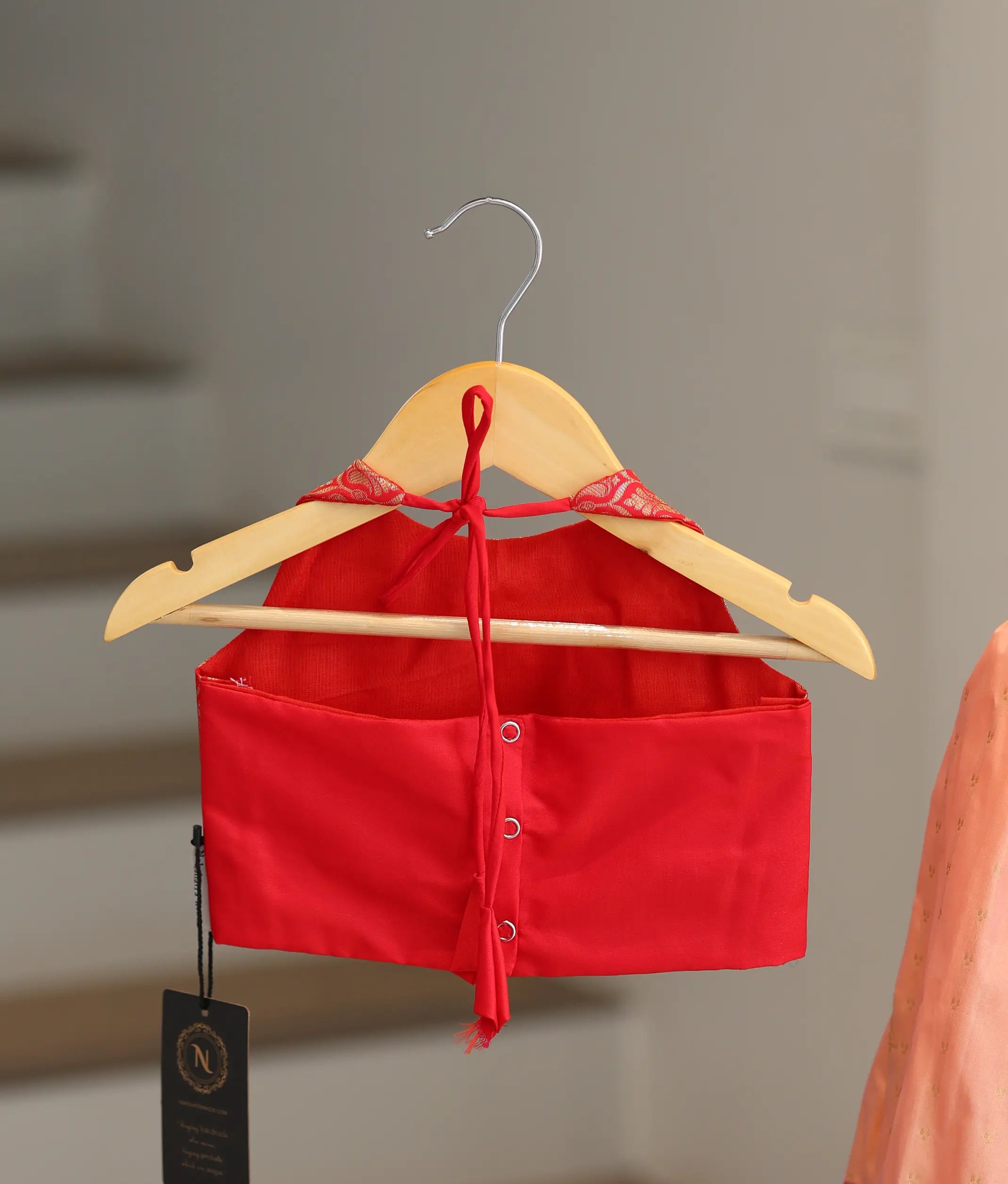 Red and Peach Kanchipuram Silk Skirt and Top for Baby Girl [6516]