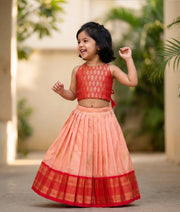 Red and Peach Kanchipuram Silk Skirt and Top for Baby Girl [6516]