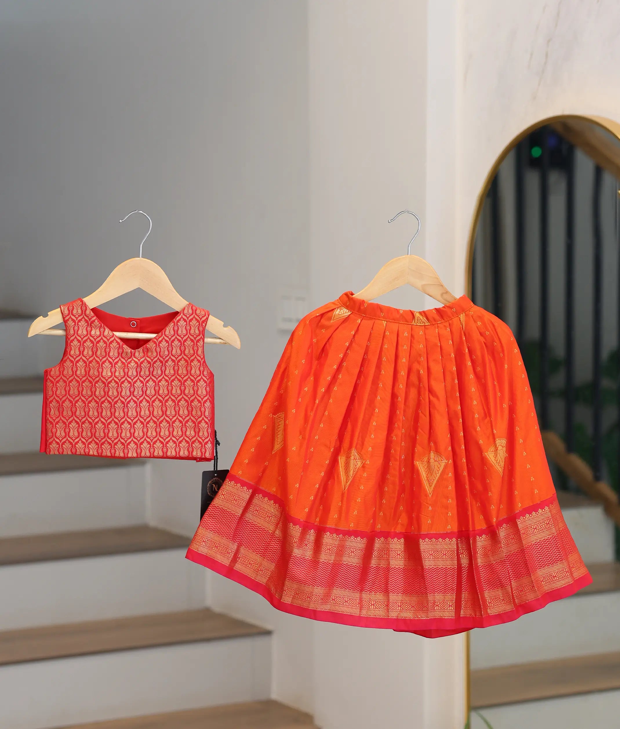 Red and Orange Kanchipuram Silk Skirt and Top for Baby Girl [6517]