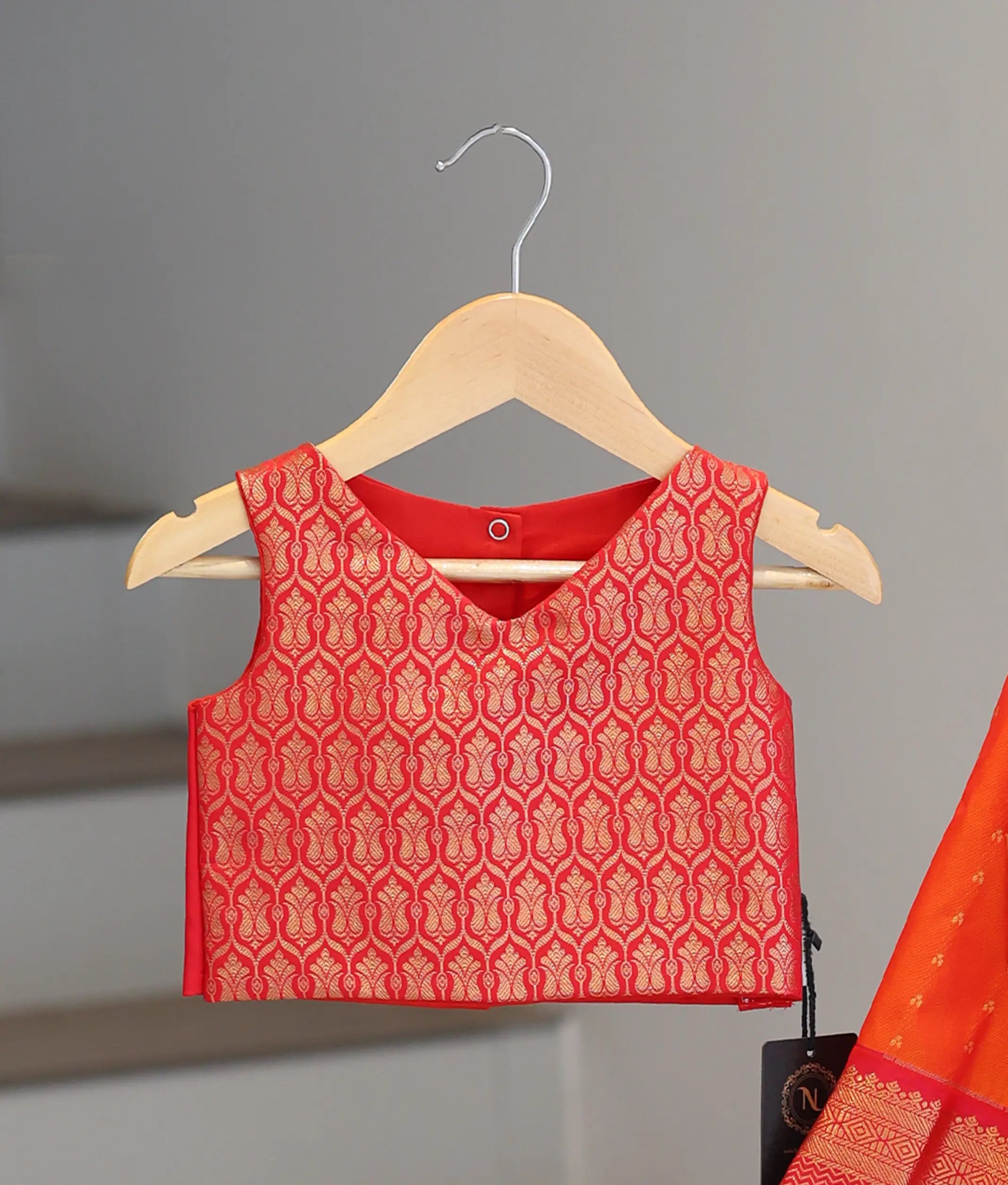 Red and Orange Kanchipuram Silk Skirt and Top for Baby Girl [6517]
