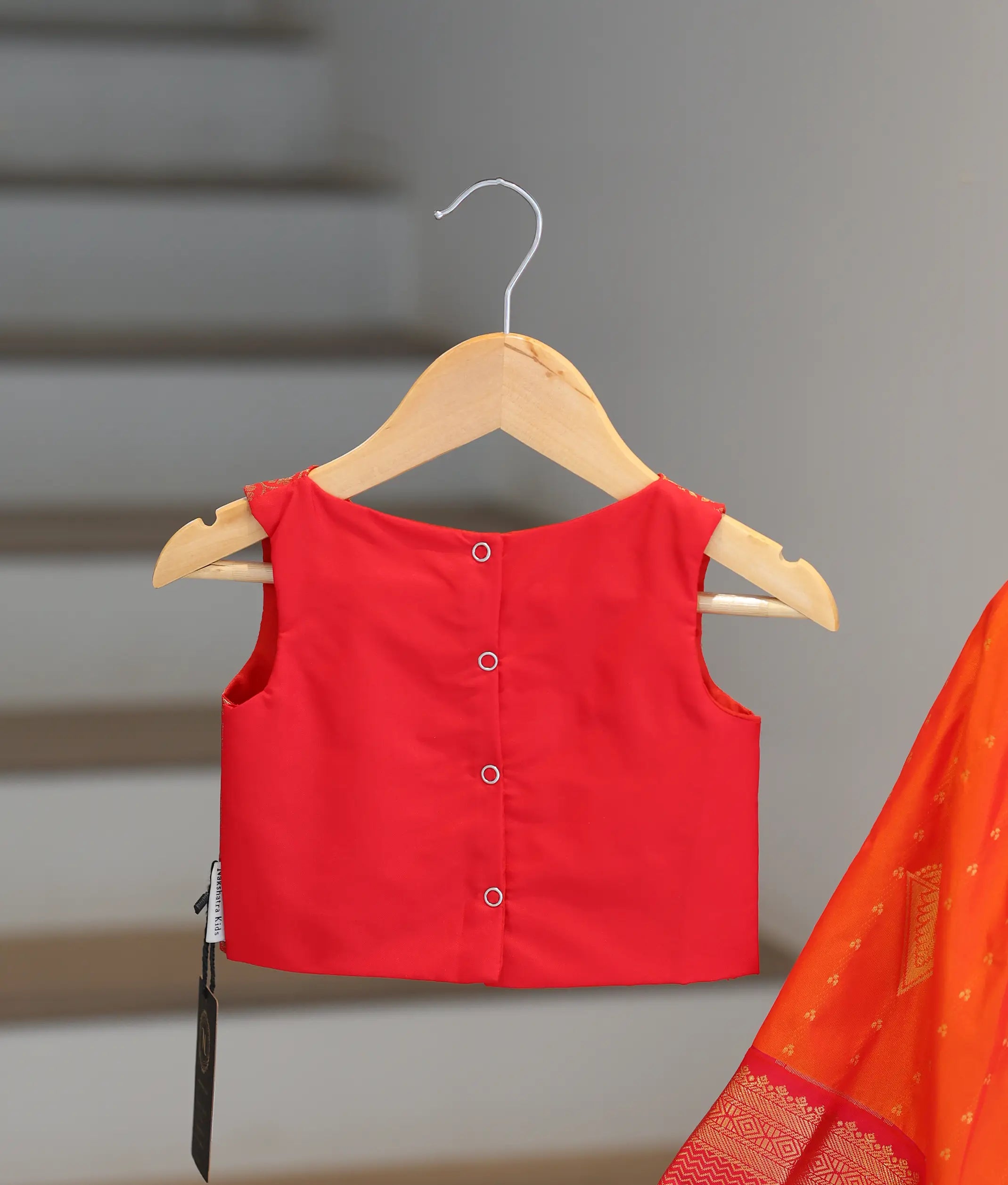 Red and Orange Kanchipuram Silk Skirt and Top for Baby Girl [6517]