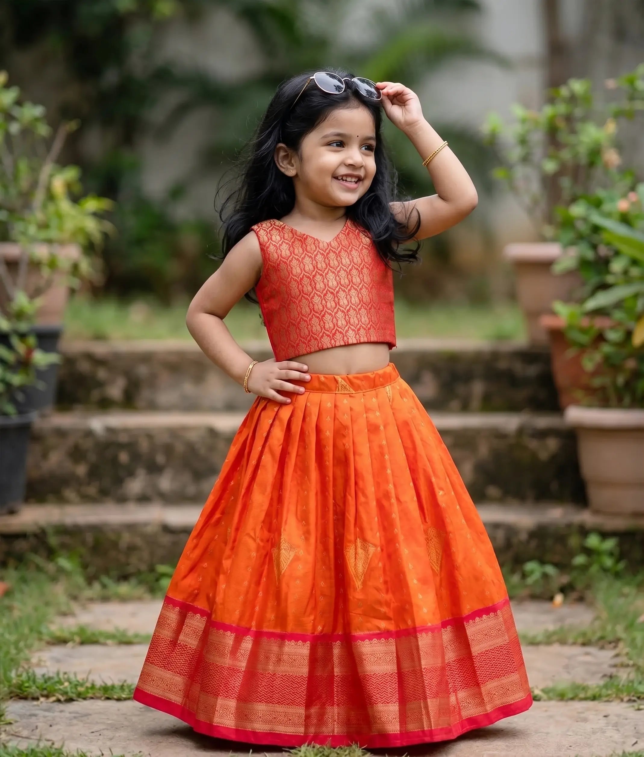 Red and Orange Kanchipuram Silk Skirt and Top for Baby Girl [6517]