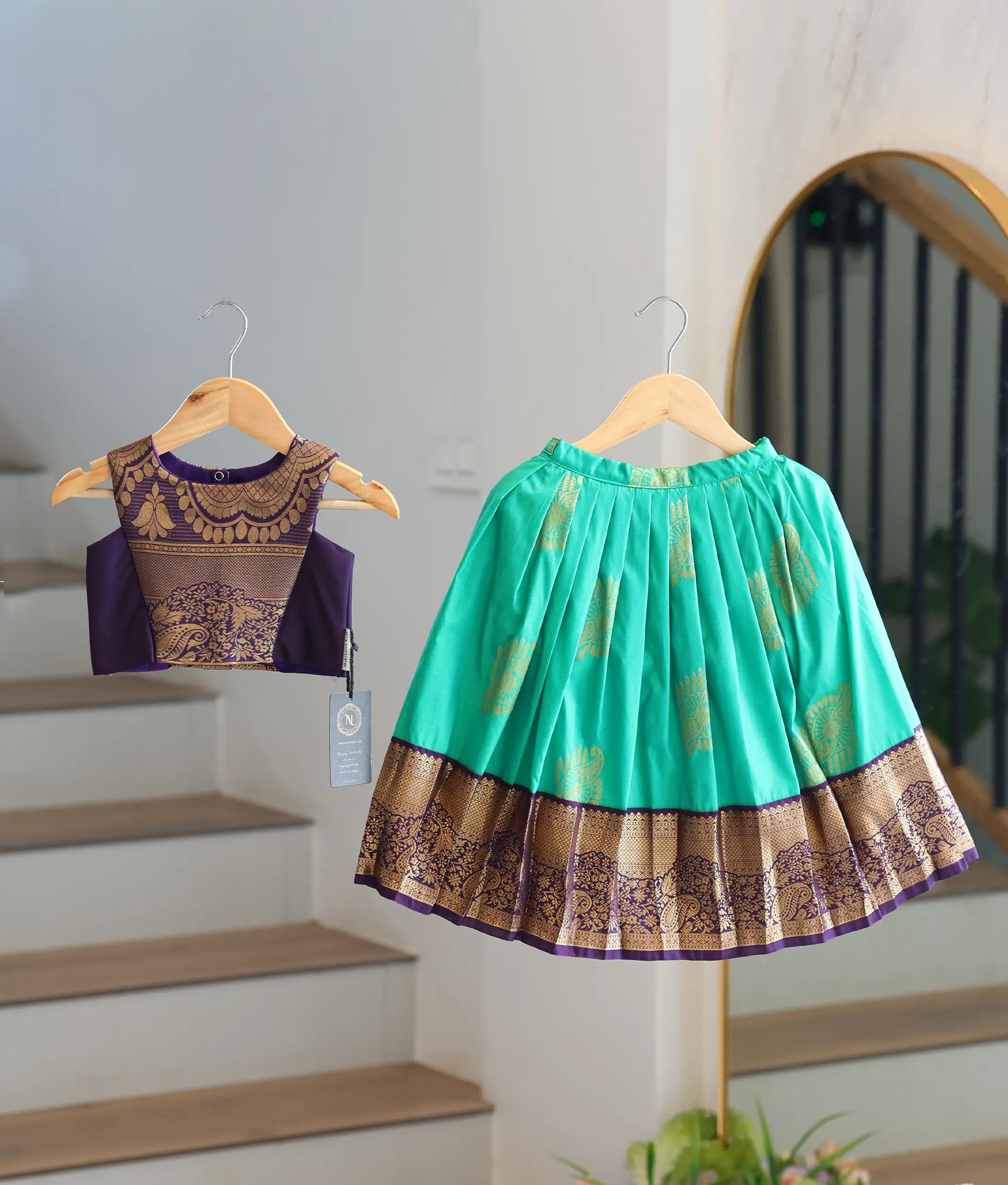 Dark Purple and Sea Green Kanchipuram Silk Skirt and Top for Baby Girl [6518]
