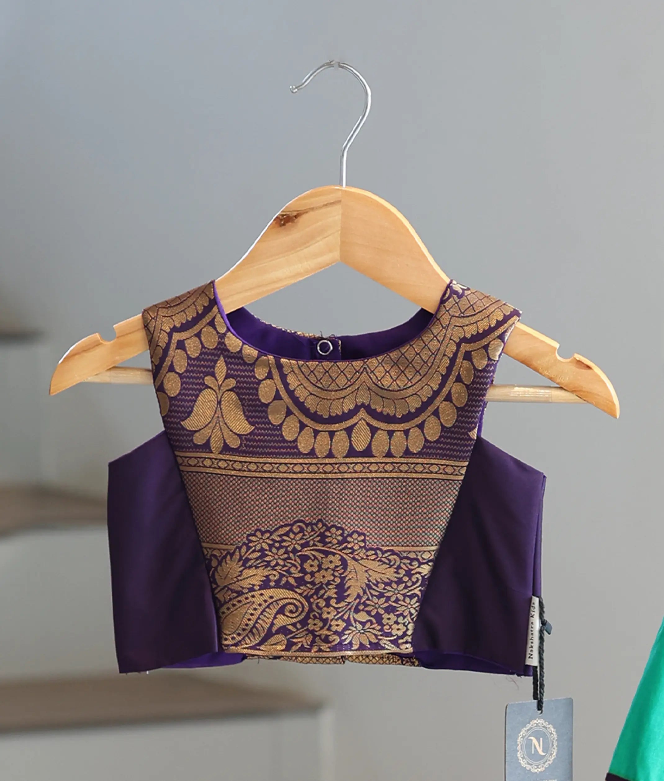 Dark Purple and Sea Green Kanchipuram Silk Skirt and Top for Baby Girl [6518]