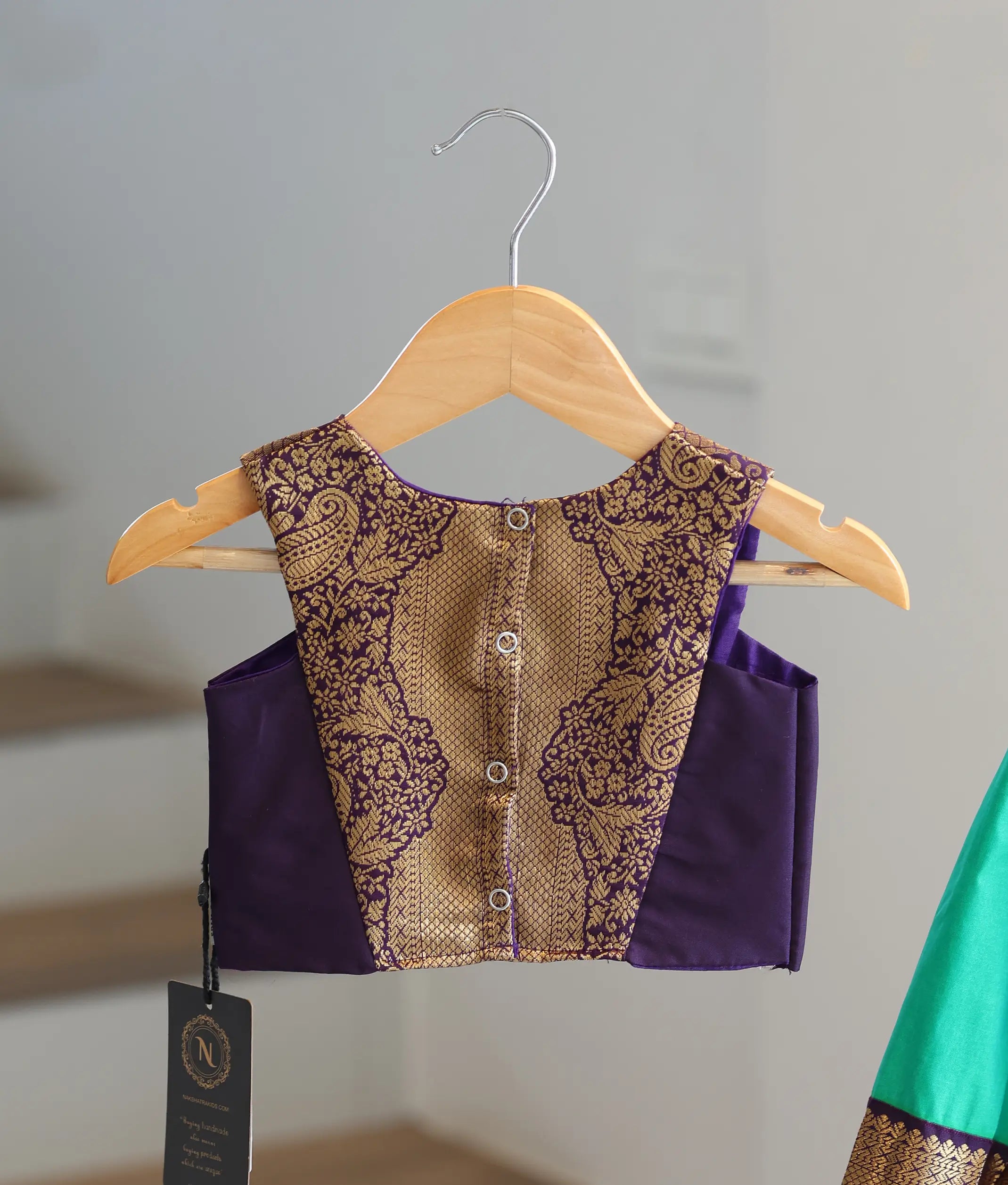 Dark Purple and Sea Green Kanchipuram Silk Skirt and Top for Baby Girl [6518]