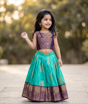 Dark Purple and Sea Green Kanchipuram Silk Skirt and Top for Baby Girl [6518]