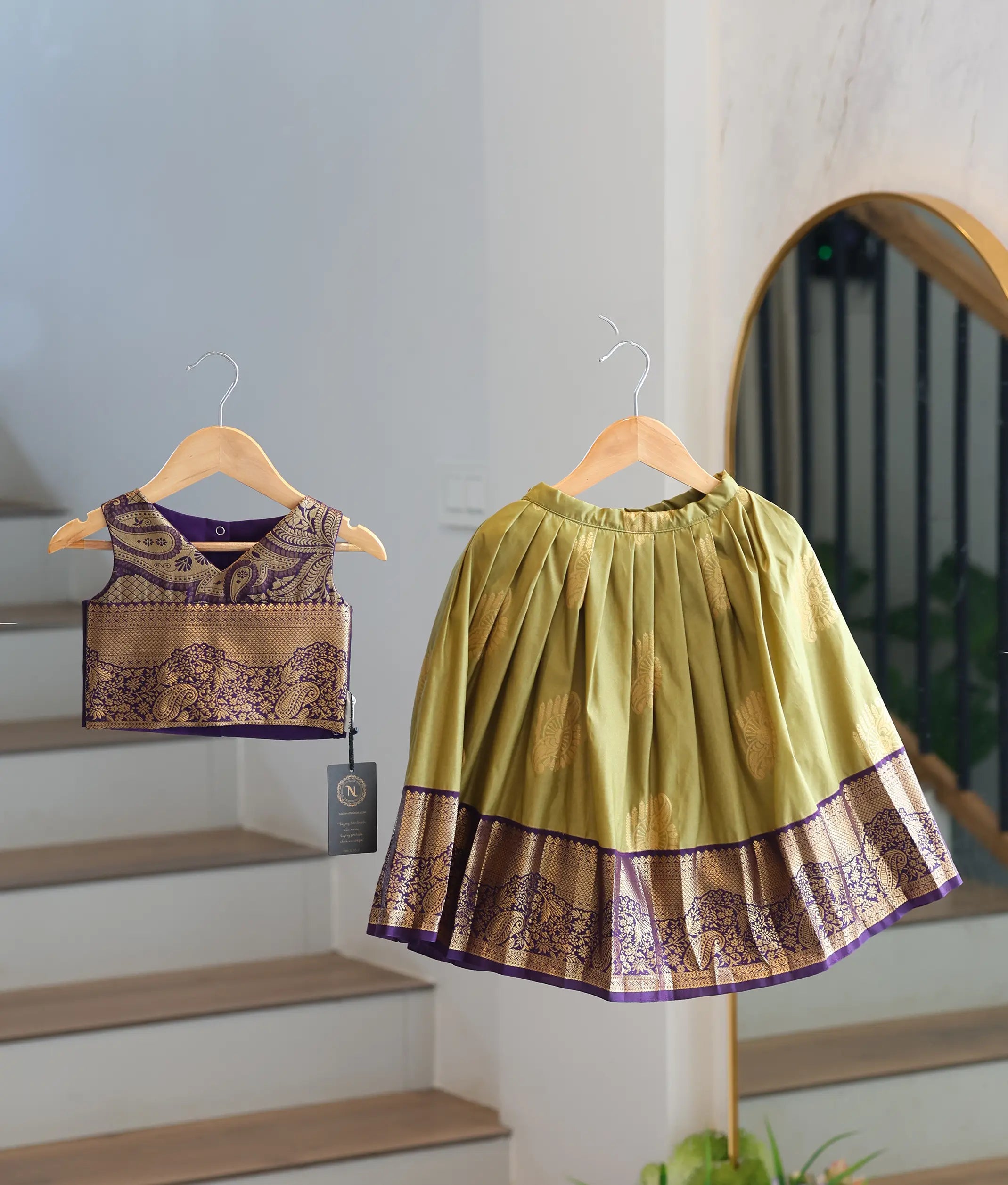 Purple And Pista Green Kanchipuram Skirt and Top for Baby Girl [6519]